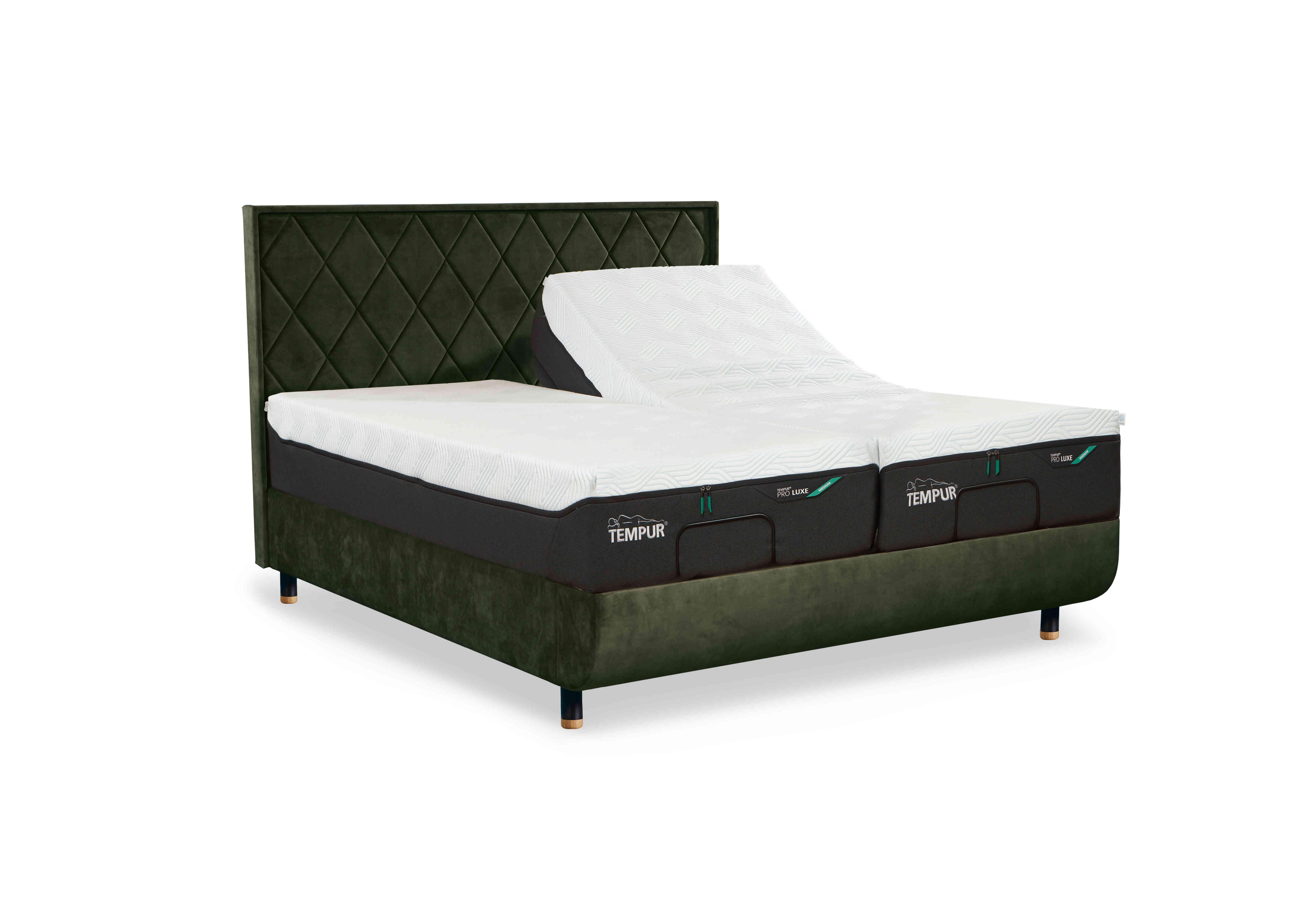 Arc Adjustable Disc Bed Frame with Quilted Headboard in Dark Green-Black/Oak Feet on Furniture Village