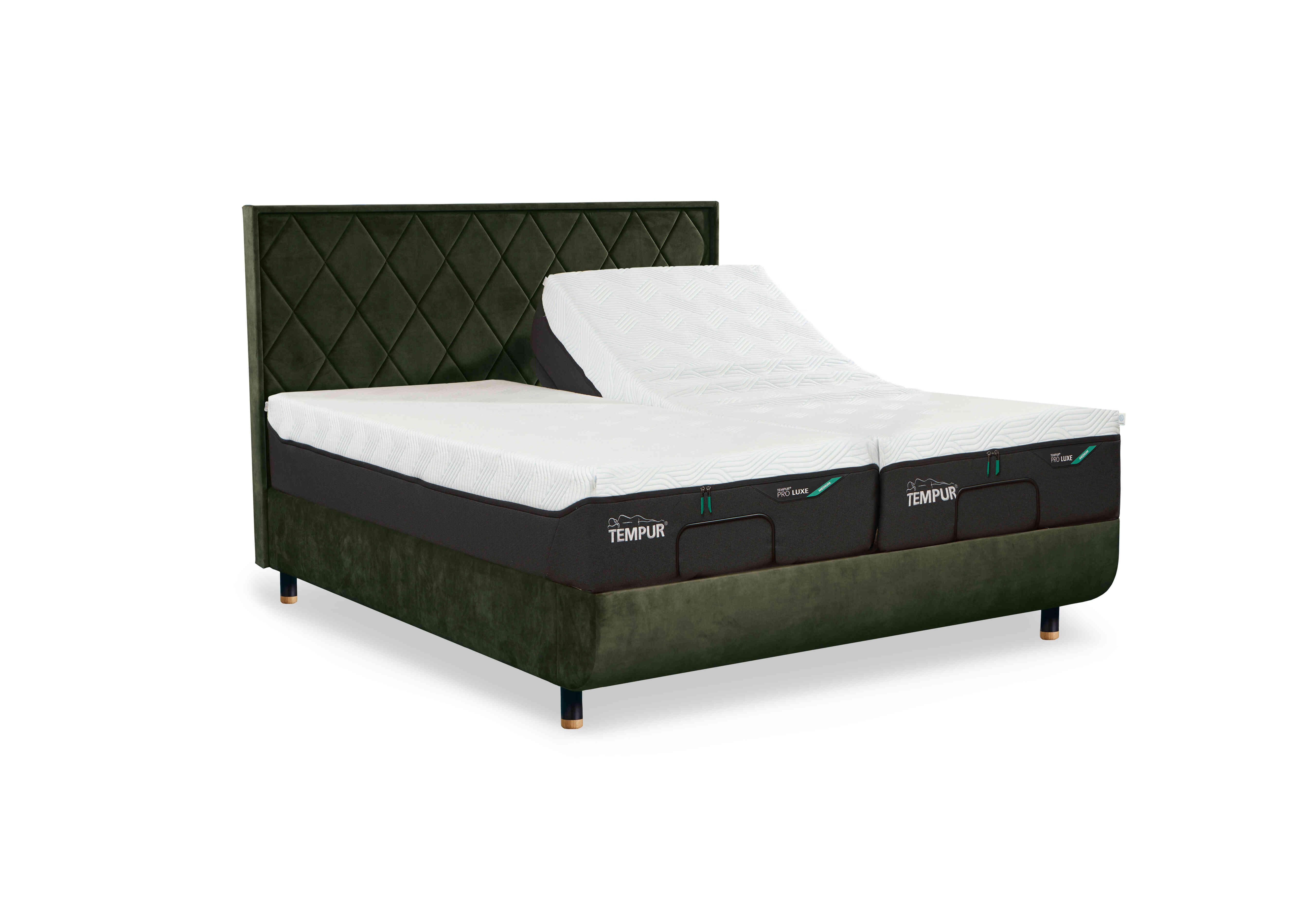 Arc Adjustable Disc Bed Frame with Quilted Headboard in Dark Green-Natural Ash Feet on Furniture Village