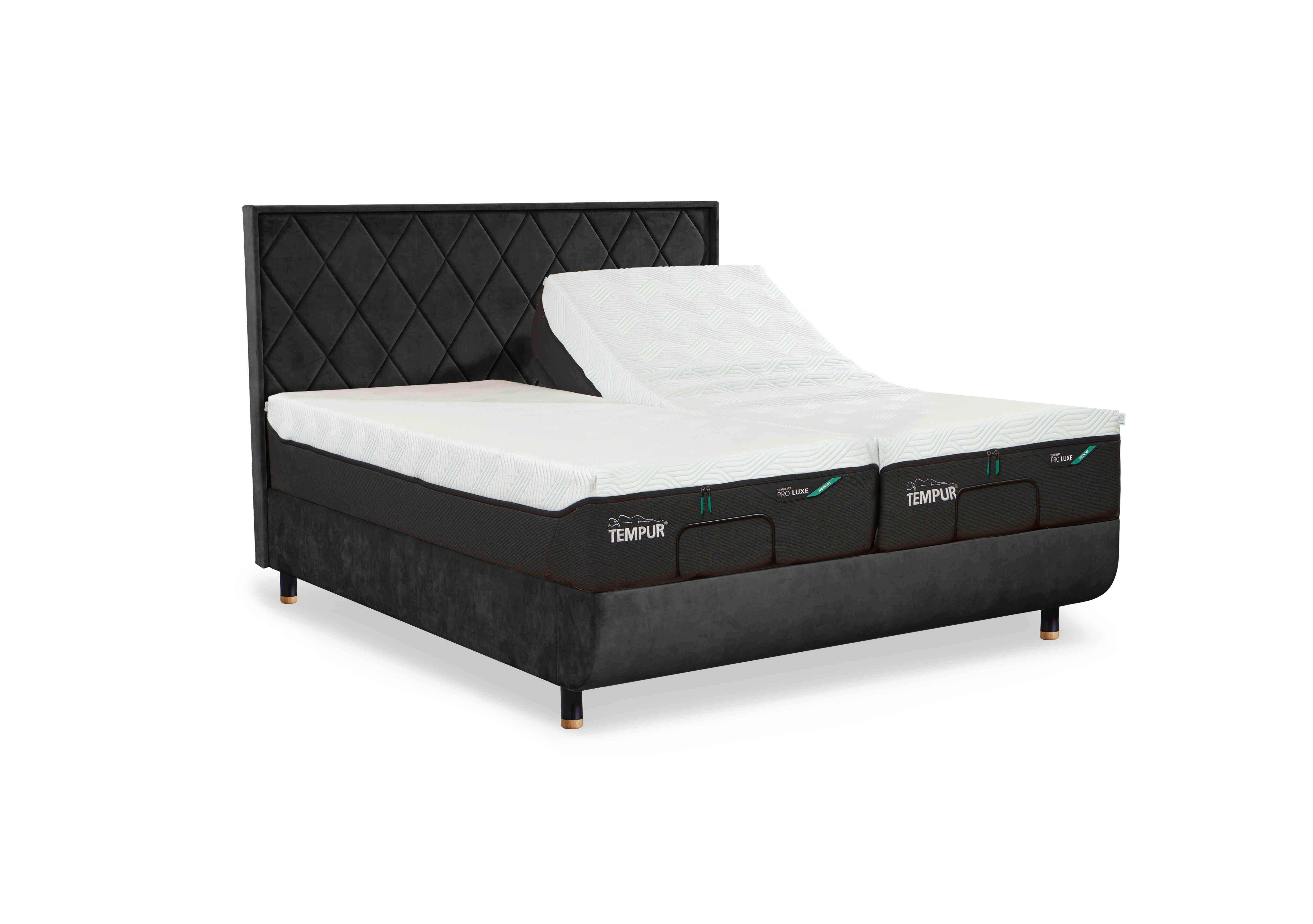 Arc Adjustable Disc Bed Frame with Quilted Headboard in Dark Grey-Matt Black Feet on Furniture Village