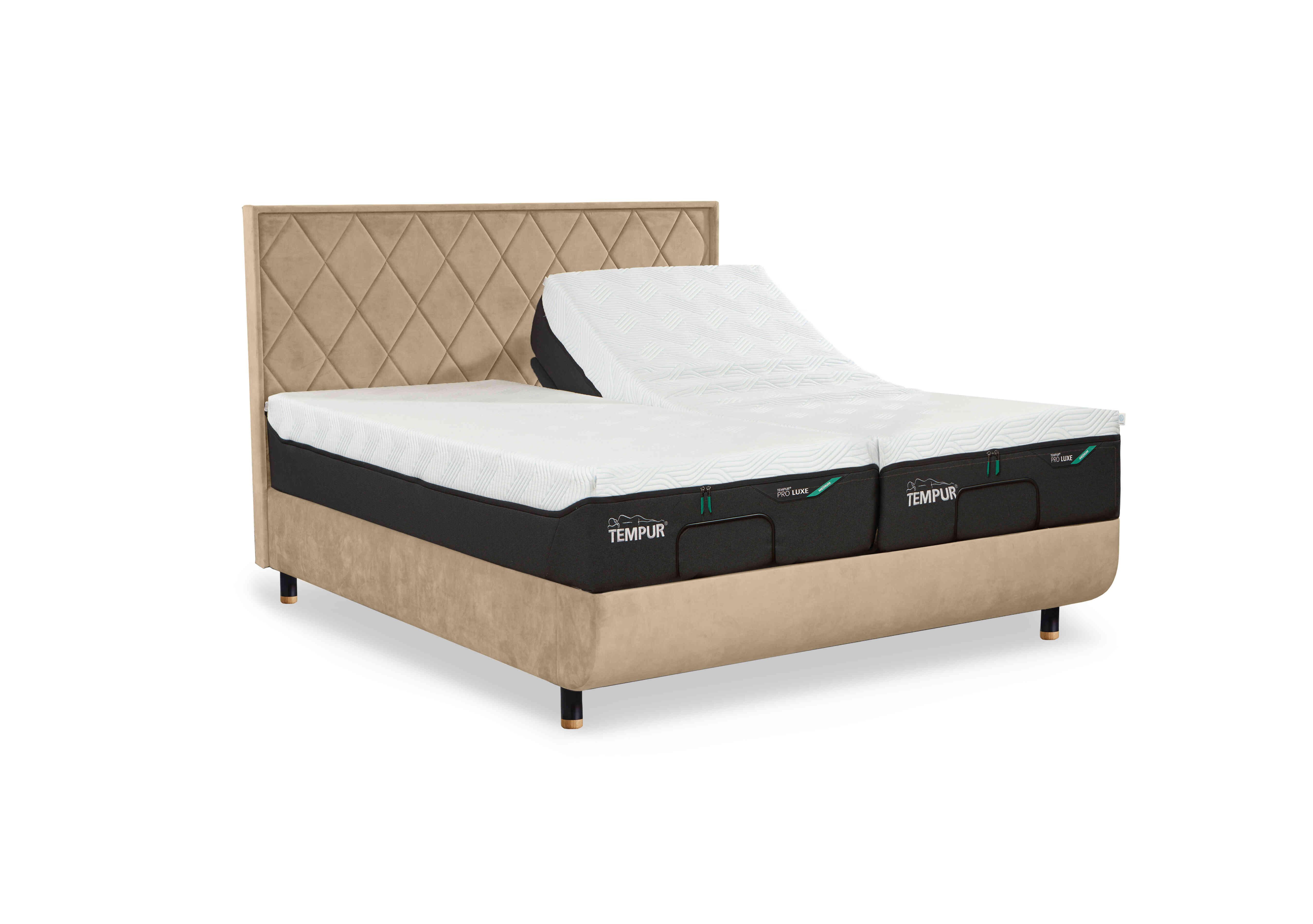 Arc Adjustable Disc Bed Frame with Quilted Headboard in Sand-Black/Gold Feet on Furniture Village