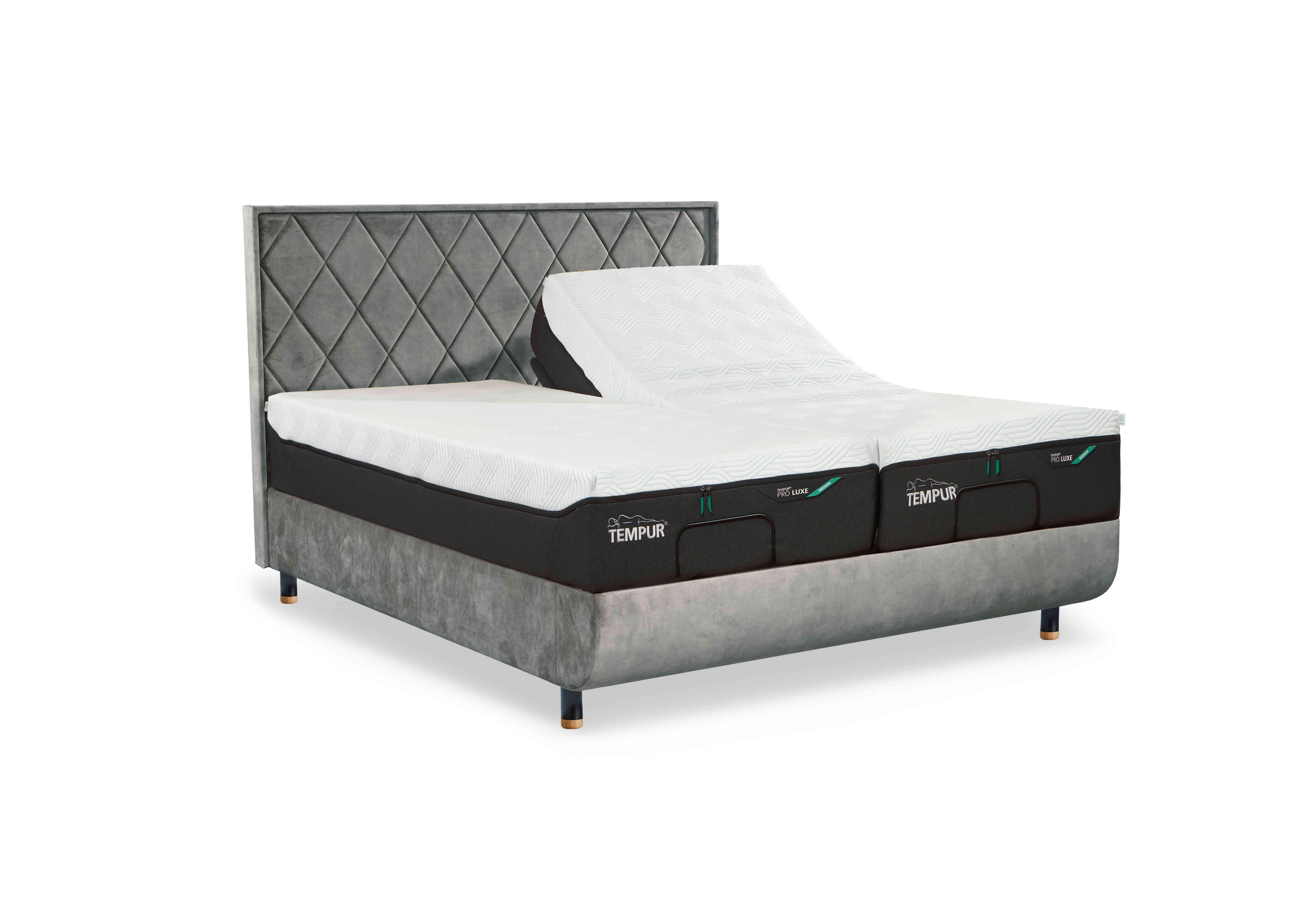 Arc Adjustable Disc Bed Frame with Quilted Headboard in Stone-Natural Ash Feet on Furniture Village