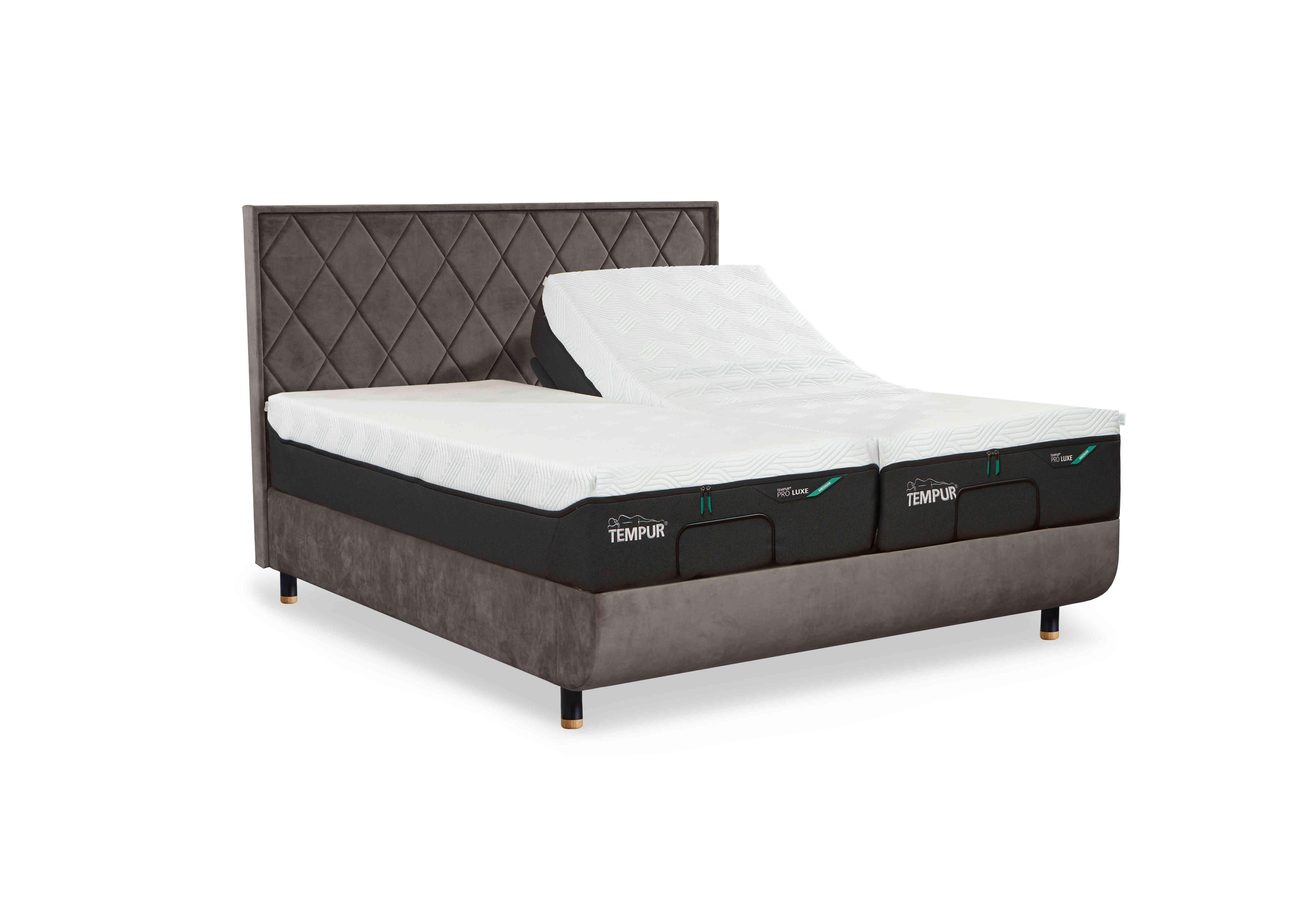 Arc Adjustable Disc Bed Frame with Quilted Headboard in Warm Stone-Chrome Feet on Furniture Village