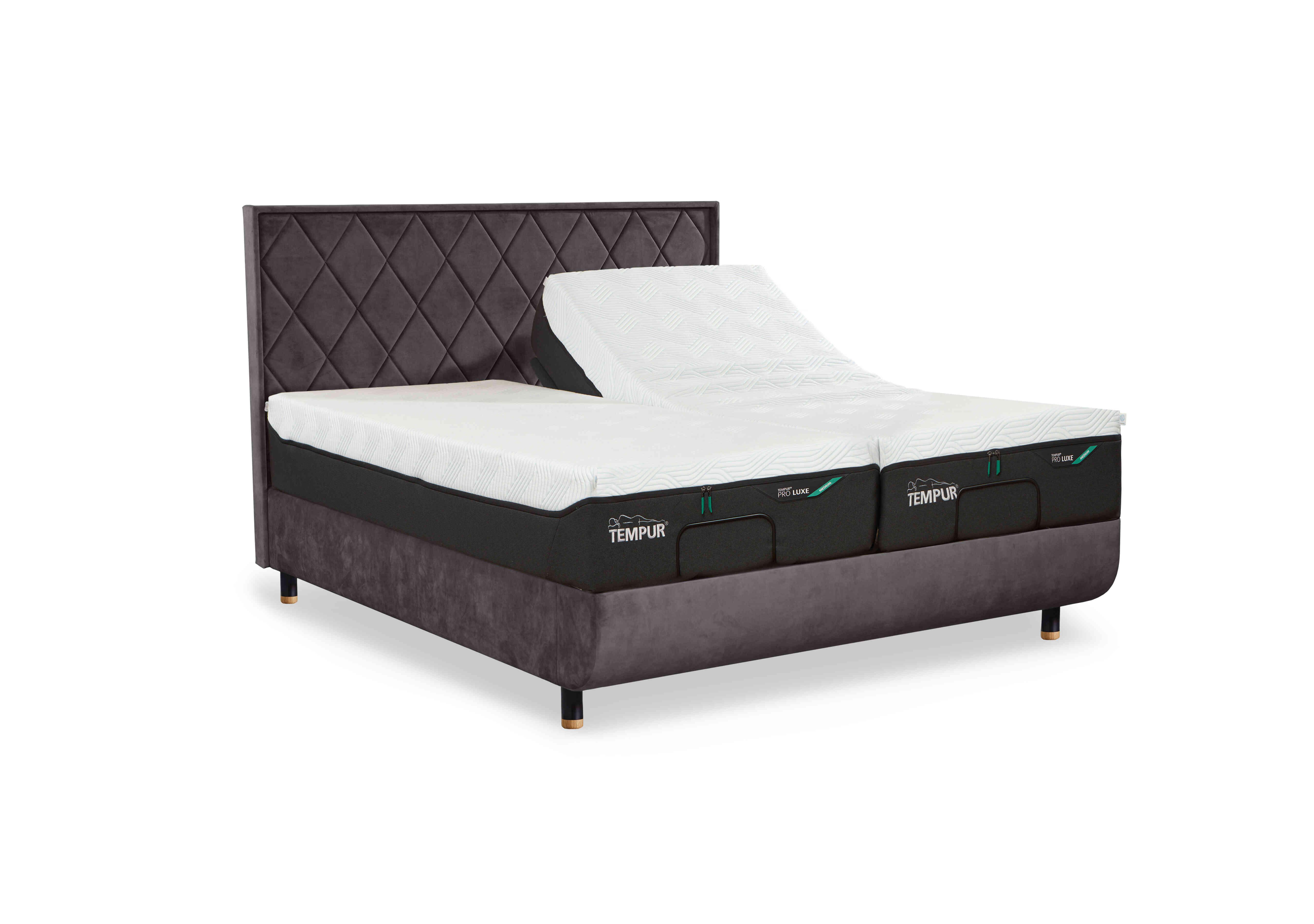 Arc Ergo Smart Base Bed Frame with Quilted Headboard in Dark Stone-Black/Oak Feet on Furniture Village