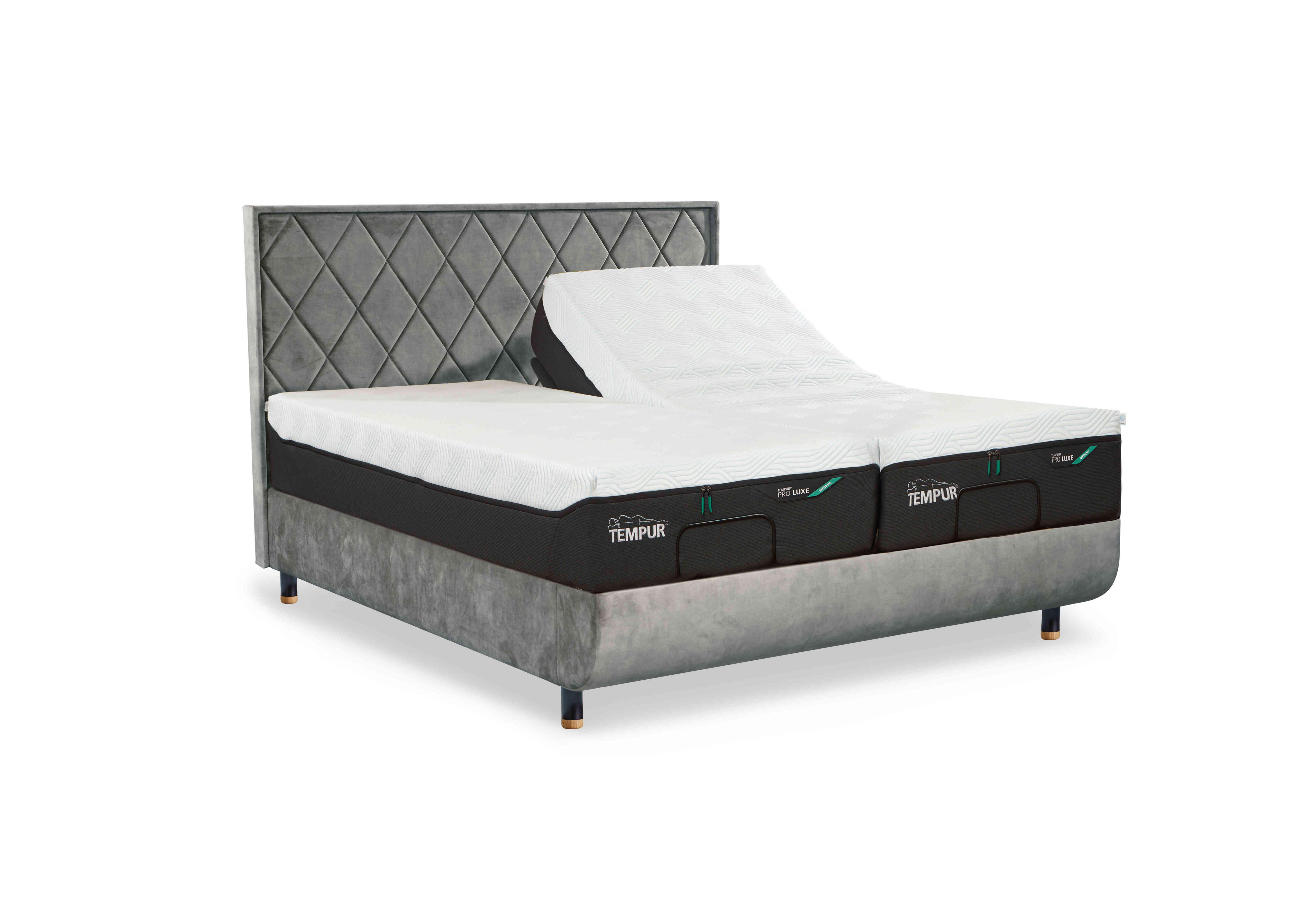 Arc Ergo Smart Base Bed Frame with Quilted Headboard in Stone-Black/Oak Feet on Furniture Village