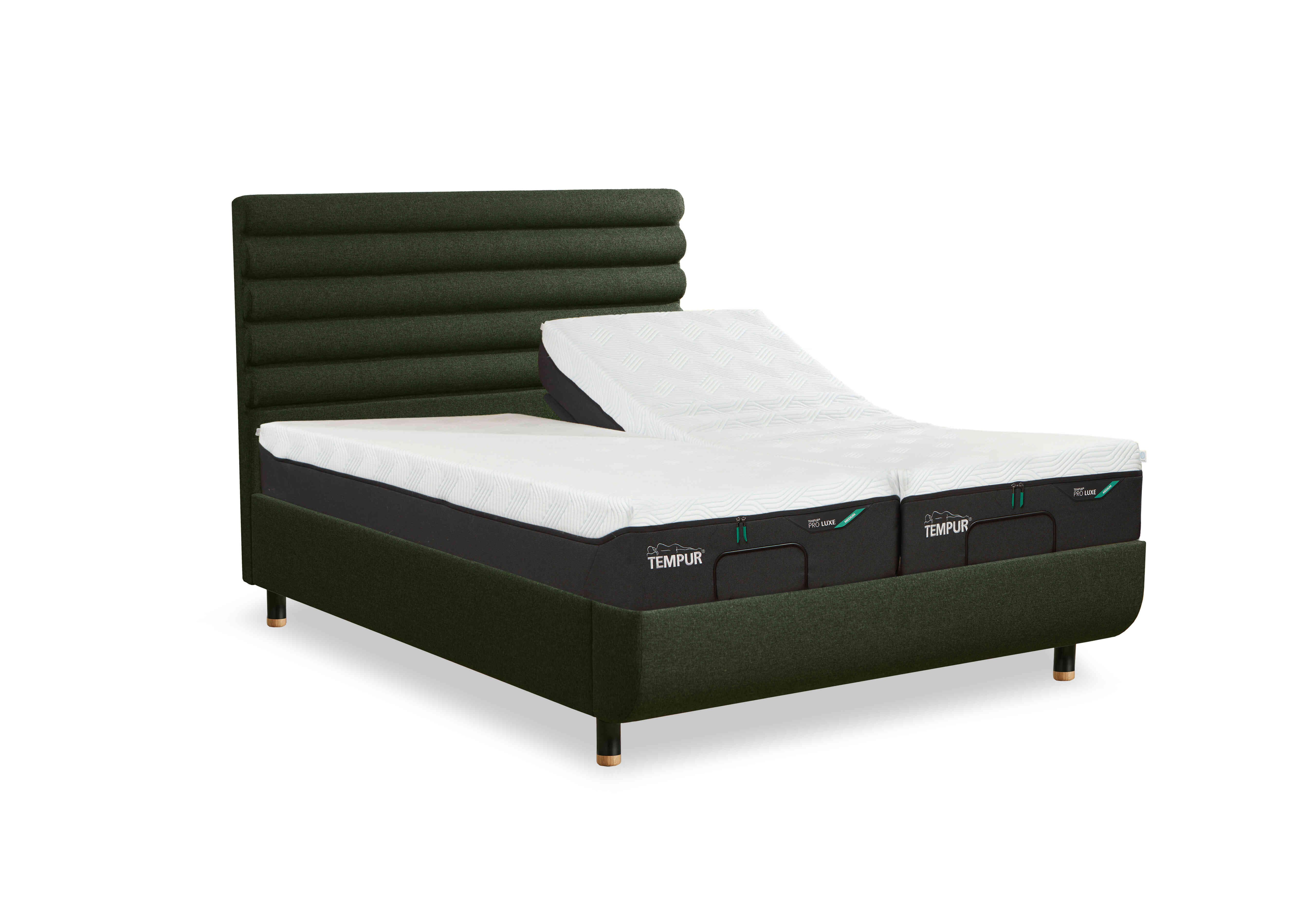 Arc Adjustable Disc Bed Frame with Vectra Headboard in Dark Green-Black/Oak Feet on Furniture Village