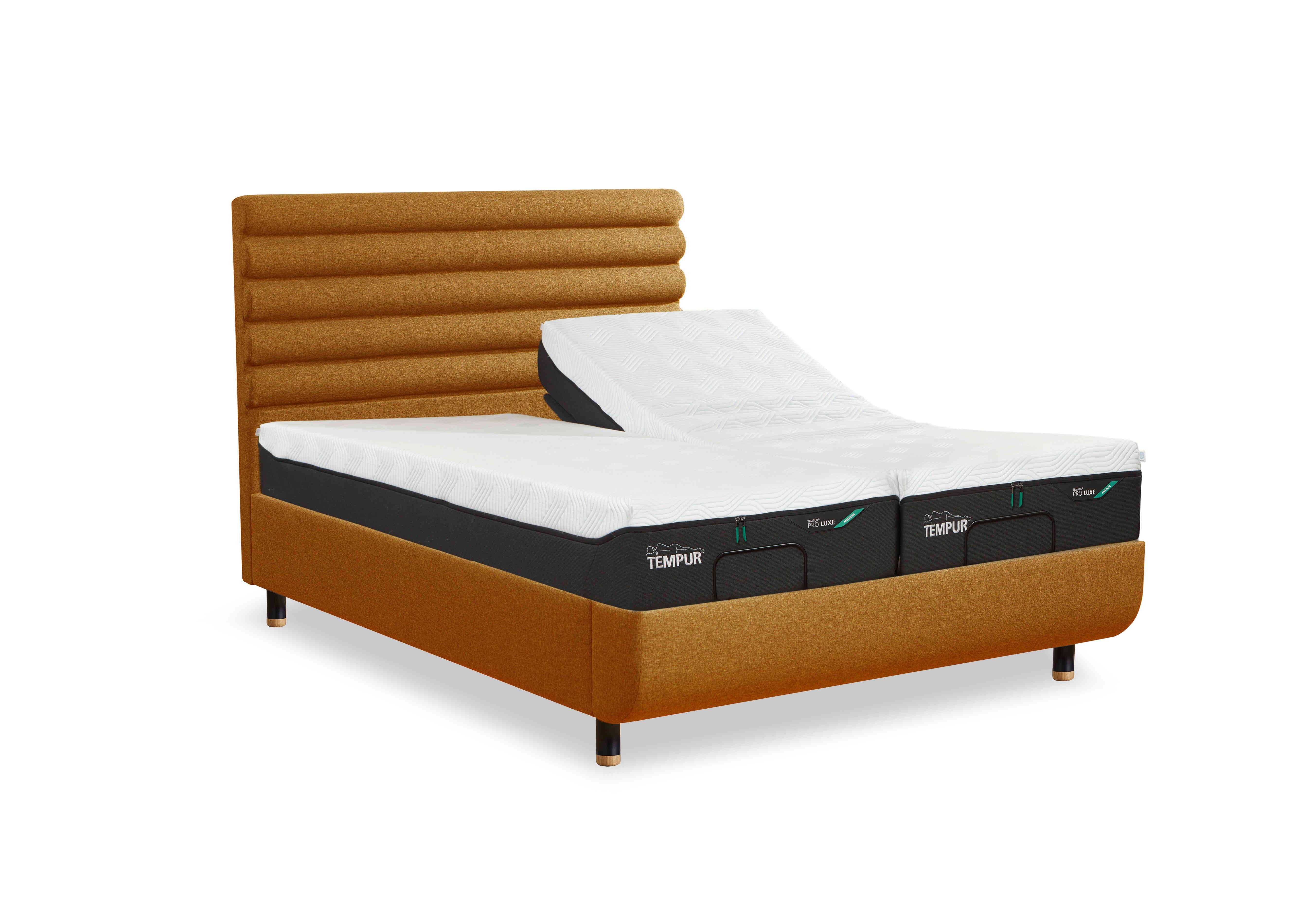 Arc Adjustable Disc Bed Frame with Vectra Headboard in Gold-Black/Gold Feet on Furniture Village
