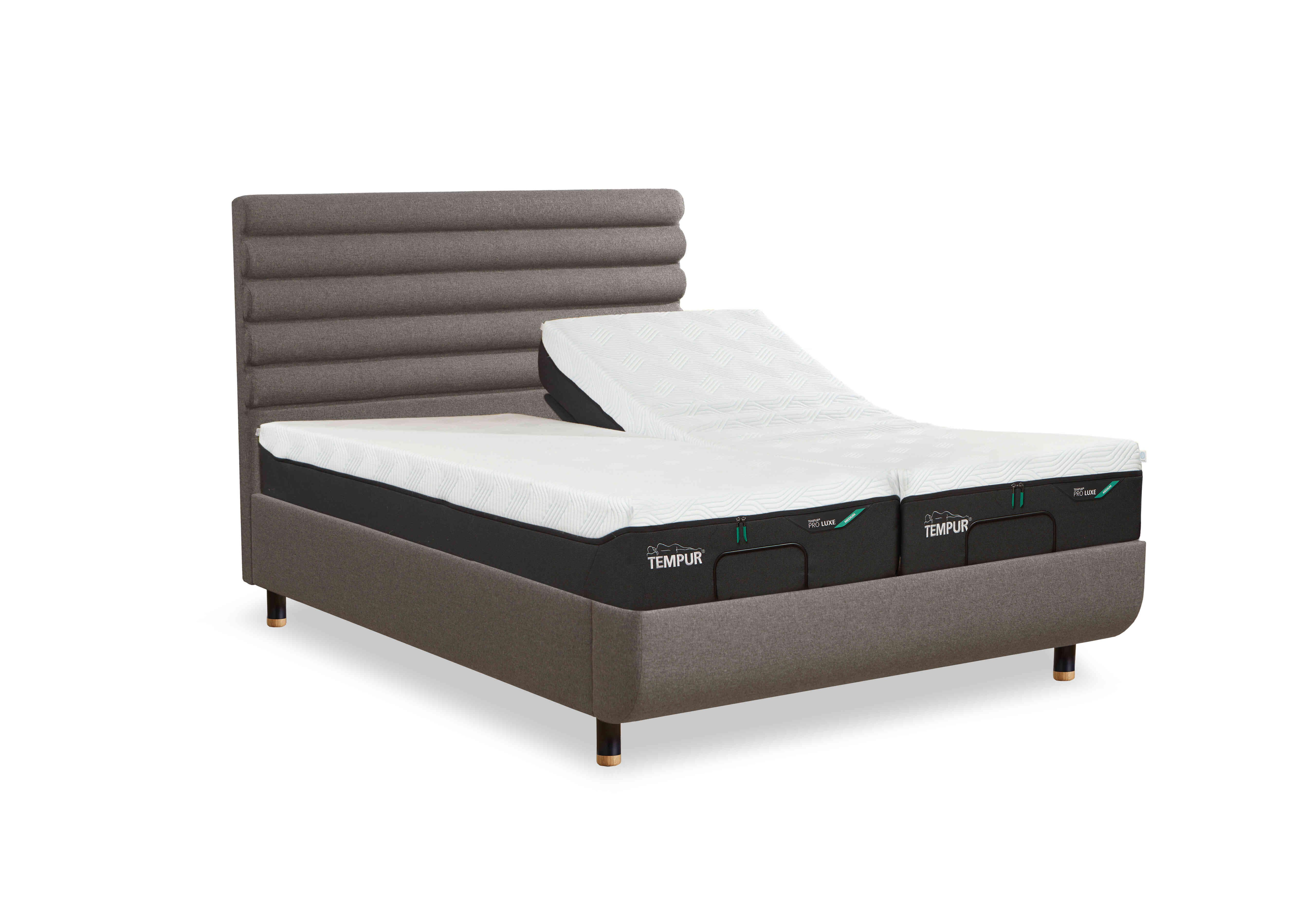 Arc Adjustable Disc Bed Frame with Vectra Headboard in Warm Stone-Matt Black Feet on Furniture Village