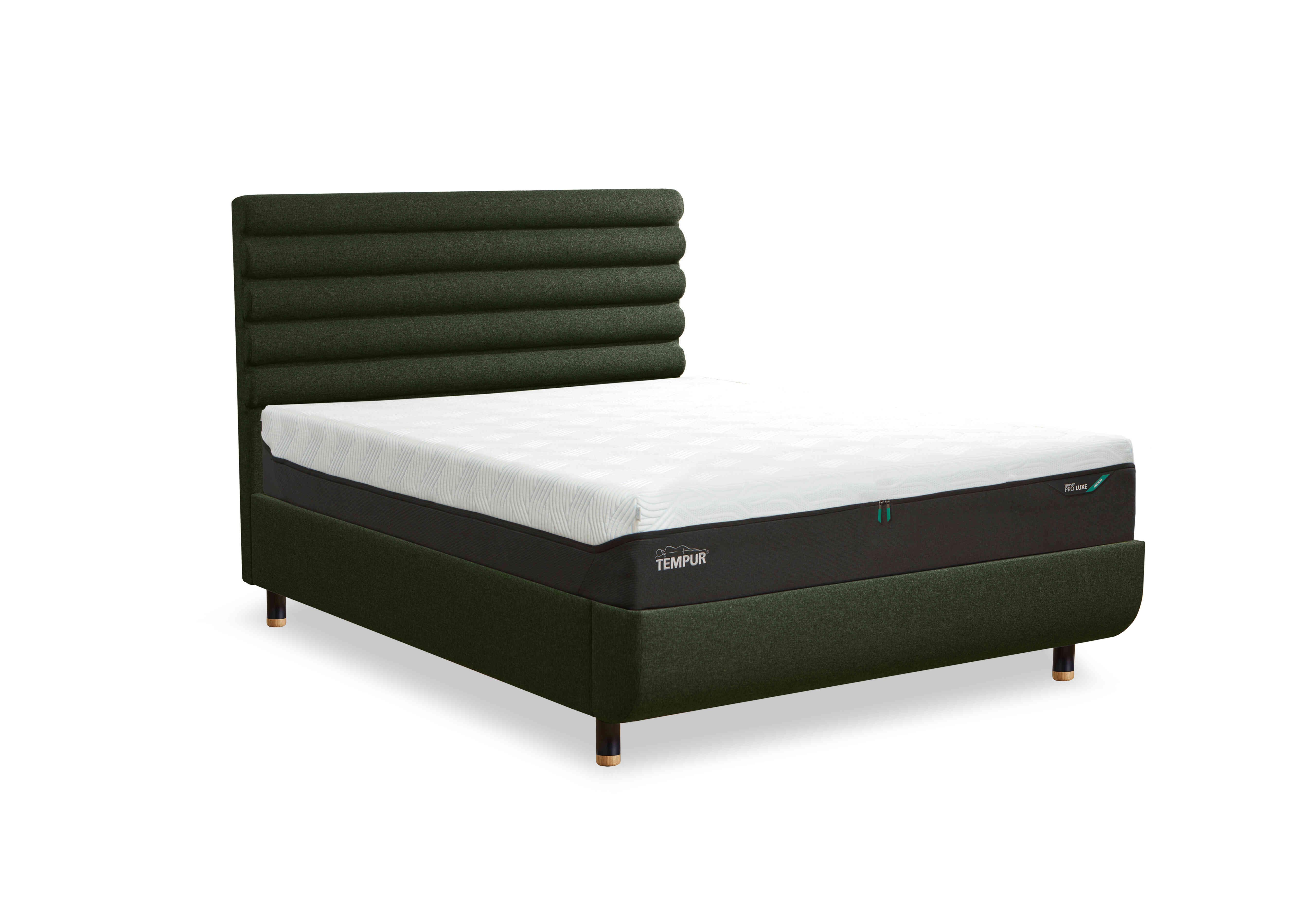 Arc Disc Bed Frame with Vectra Headboard in Dark Green-Black/Oak Feet on Furniture Village