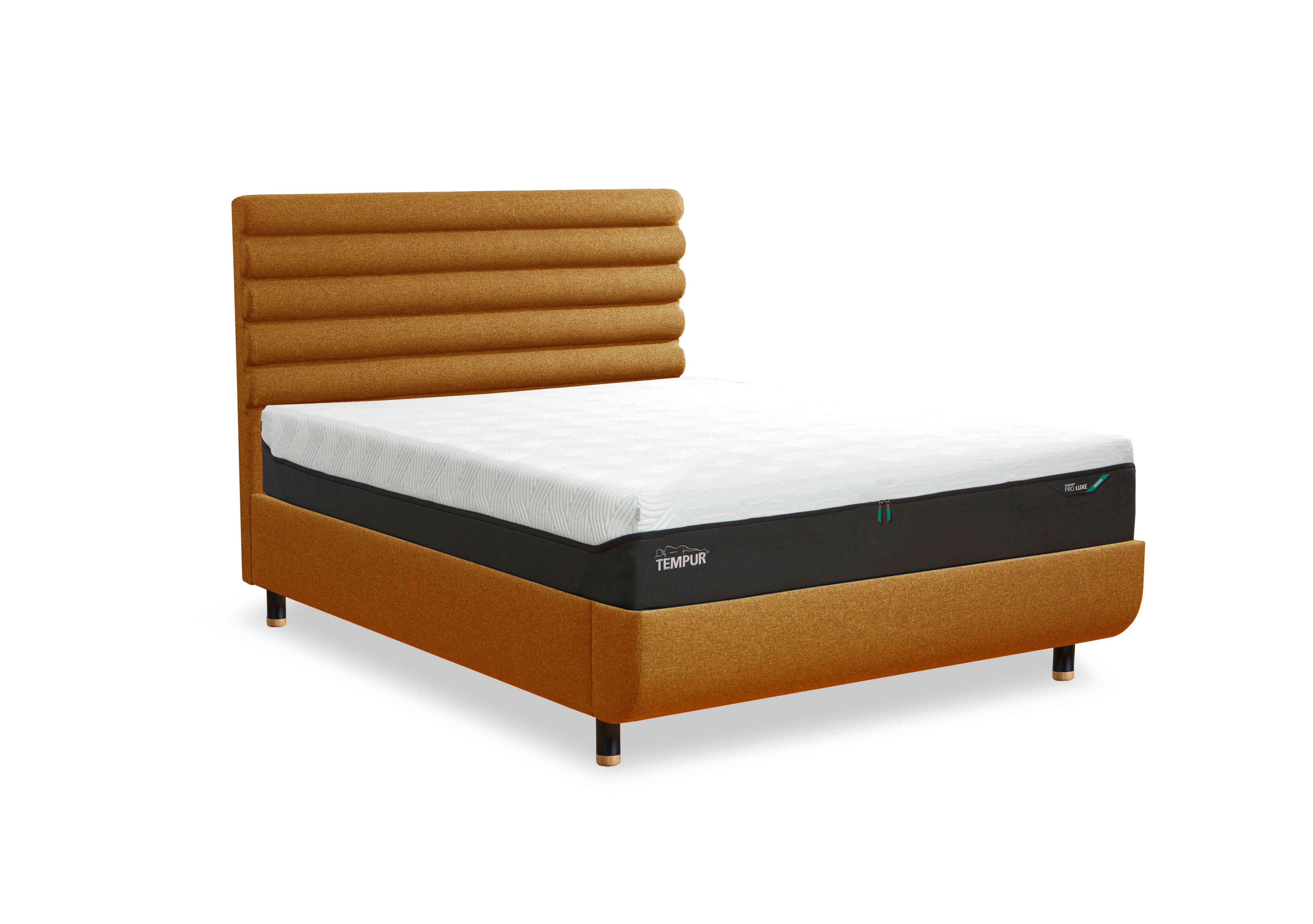 Arc Disc Bed Frame with Vectra Headboard in Gold-Black/Gold Feet on Furniture Village