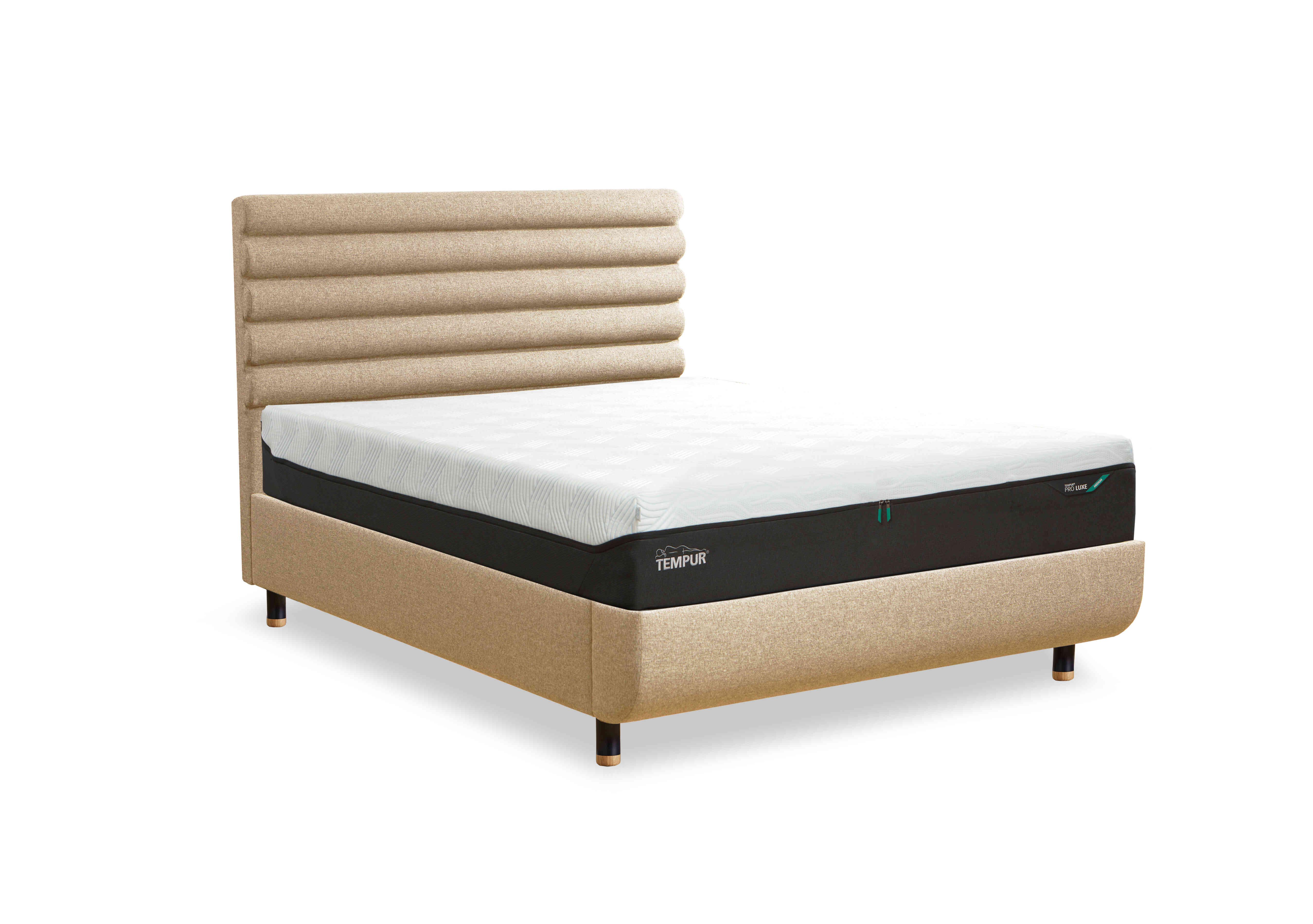 Arc Disc Bed Frame with Vectra Headboard in Sand-Black/Gold Feet on Furniture Village