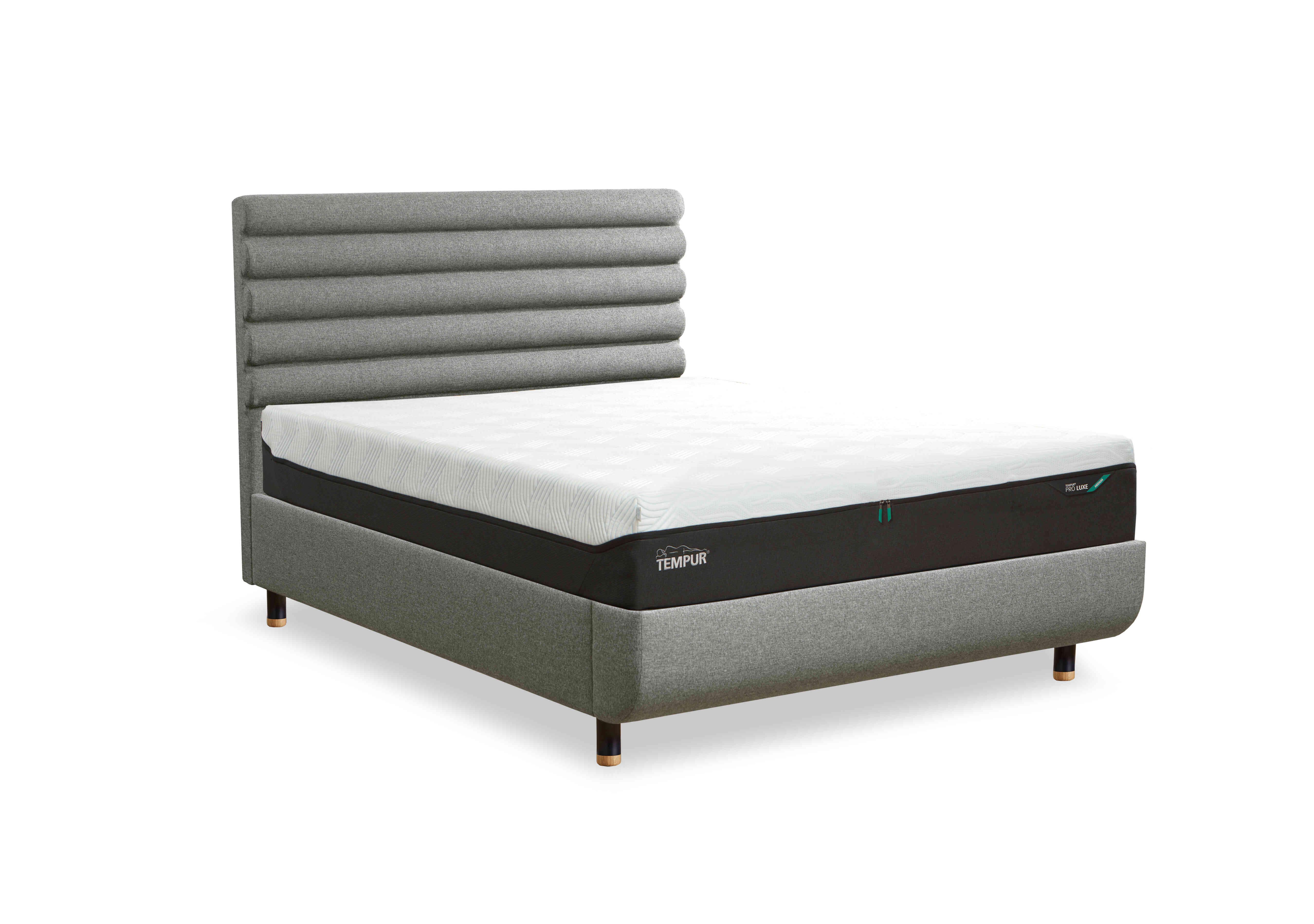 Arc Disc Bed Frame with Vectra Headboard in Stone-Natural Ash Feet on Furniture Village