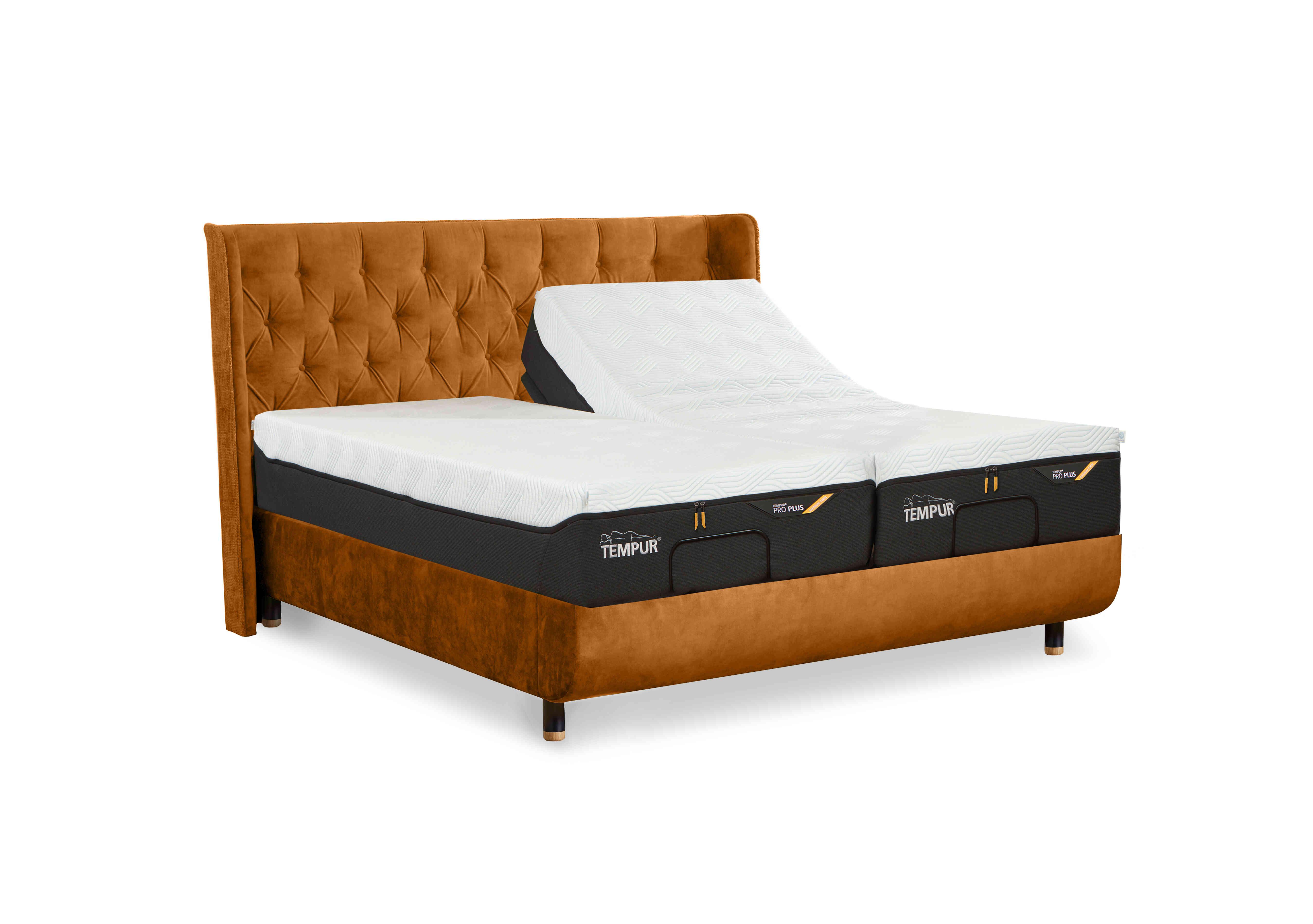 Arc Adjustable Disc Bed Frame with Luxury Headboard in Gold/Mustard-Matt Blk Ft on Furniture Village