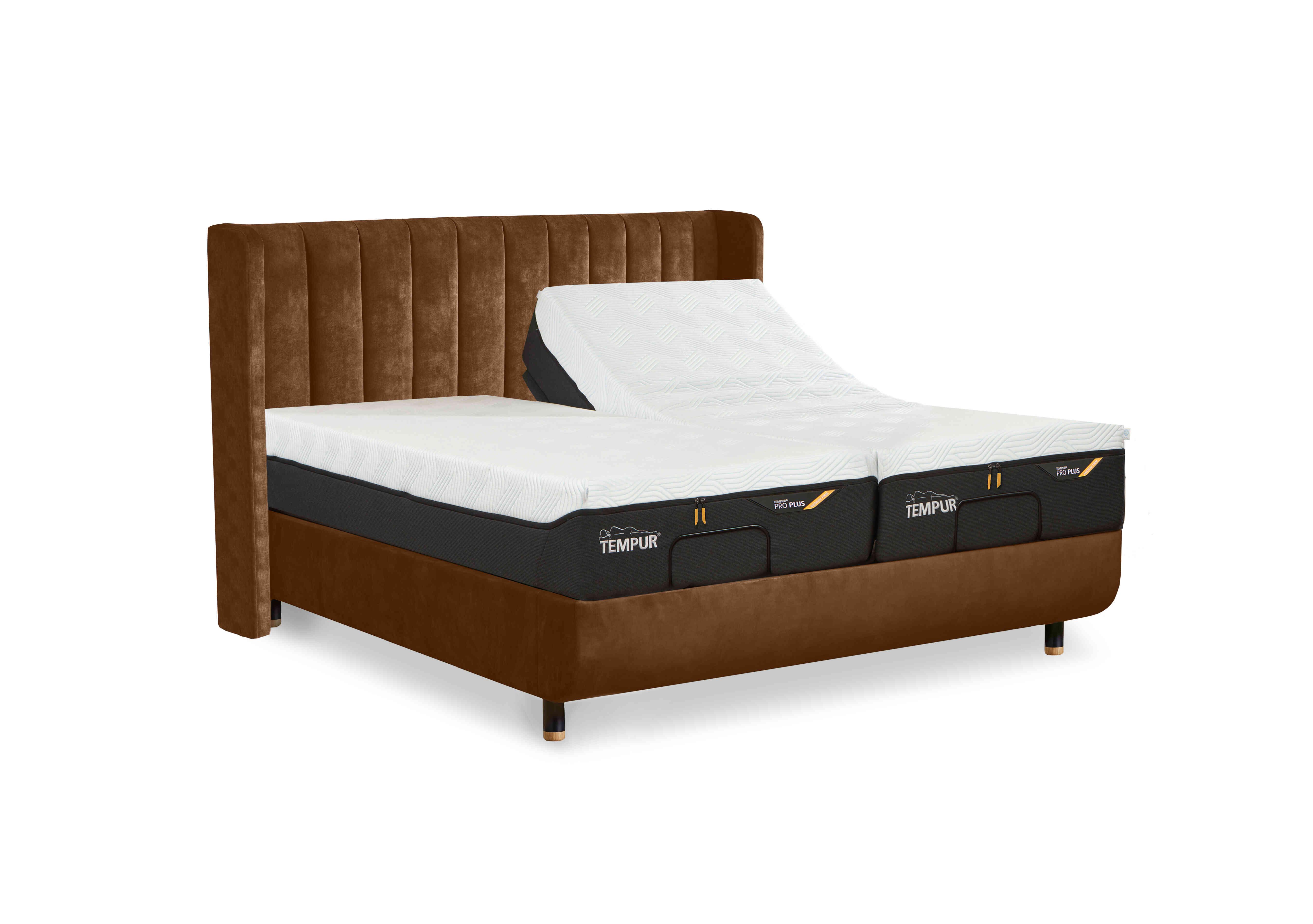 Arc Adjustable Disc Bed Frame with Lodret Headboard in Brown-Black/Gold Feet on Furniture Village