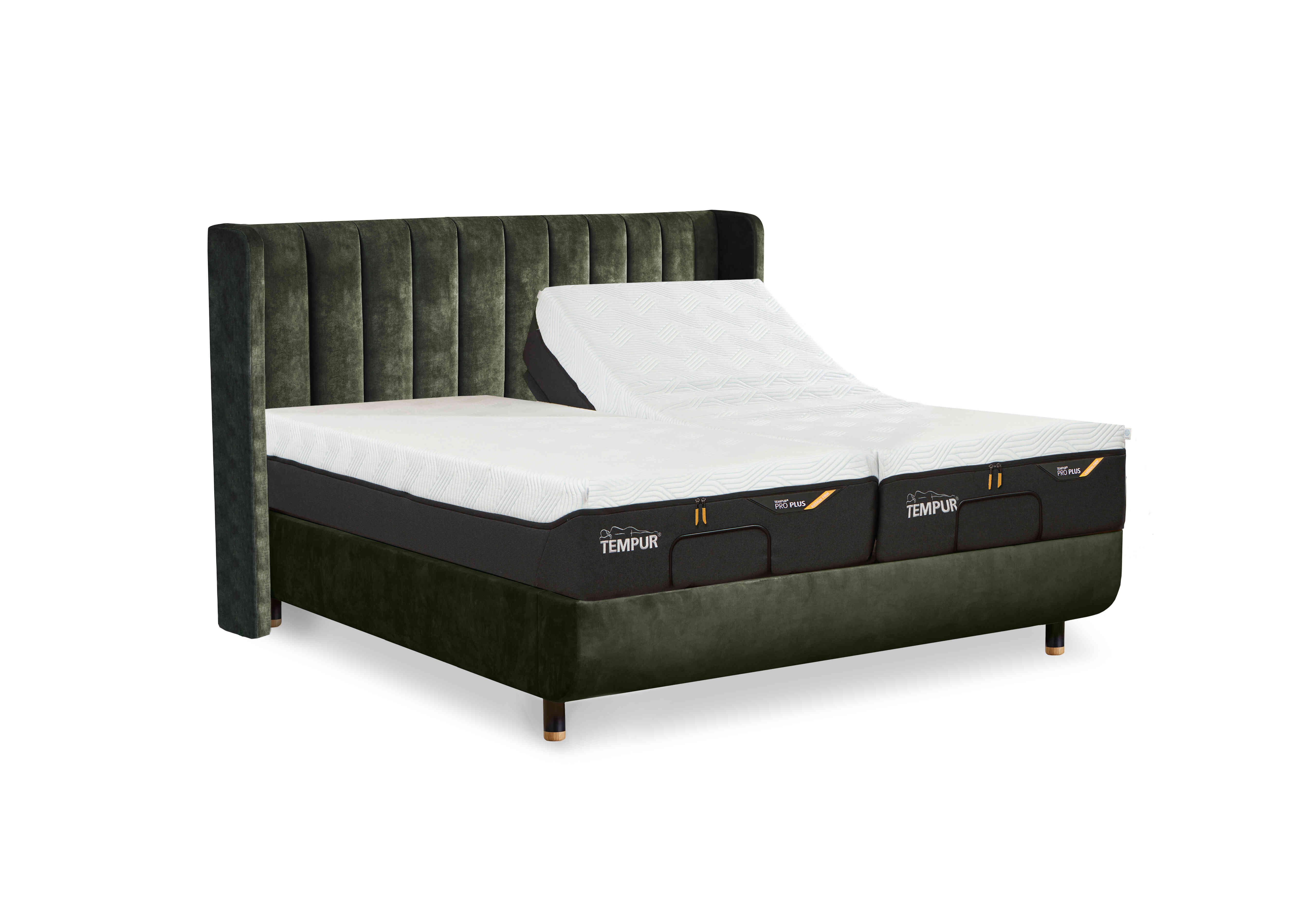 Arc Adjustable Disc Bed Frame with Lodret Headboard in Dark Green-Black/Oak Feet on Furniture Village