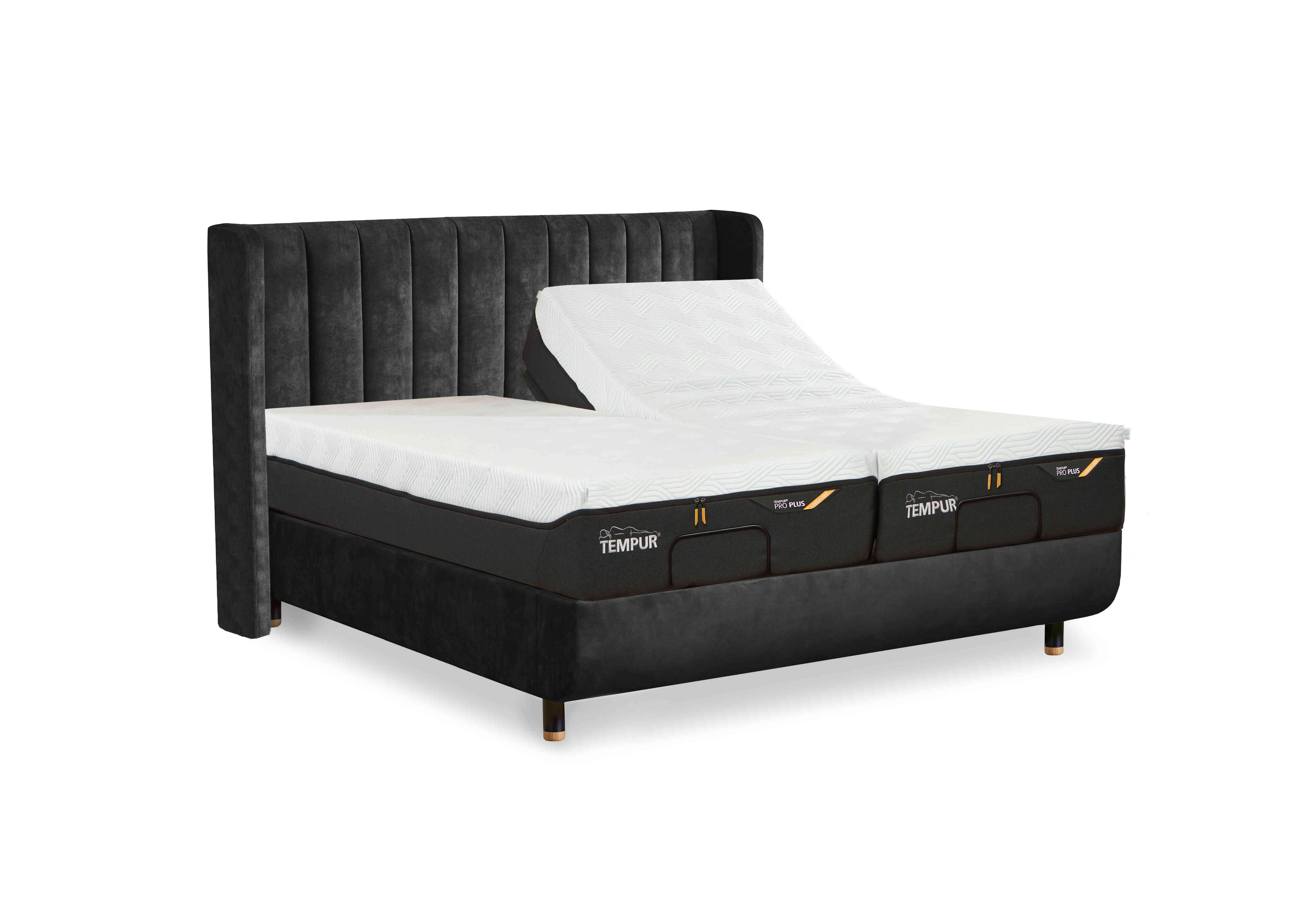 Arc Adjustable Disc Bed Frame with Lodret Headboard in Dark Grey-Black/Oak Feet on Furniture Village