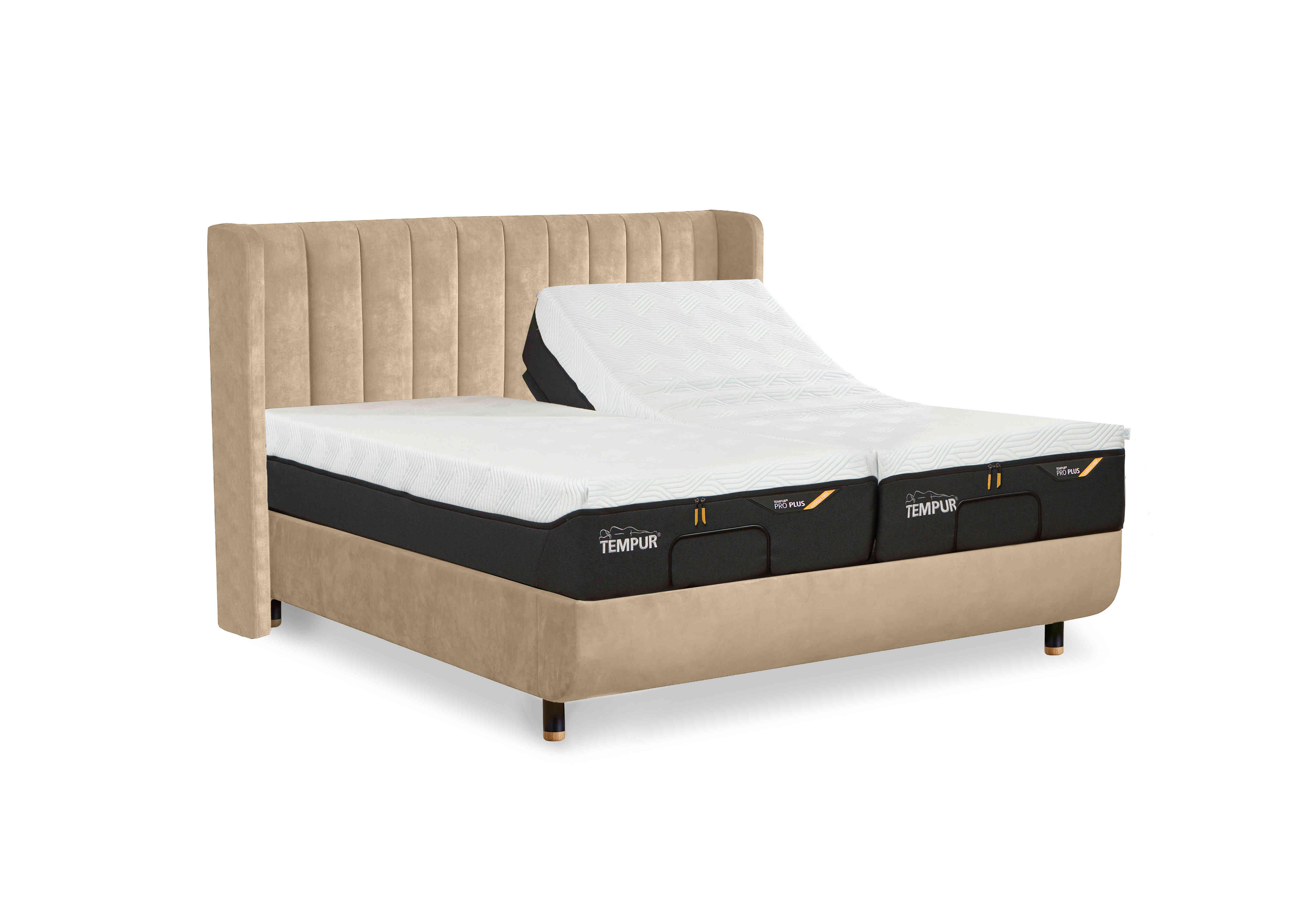 Arc Adjustable Disc Bed Frame with Lodret Headboard in Sand-Black/Gold Feet on Furniture Village