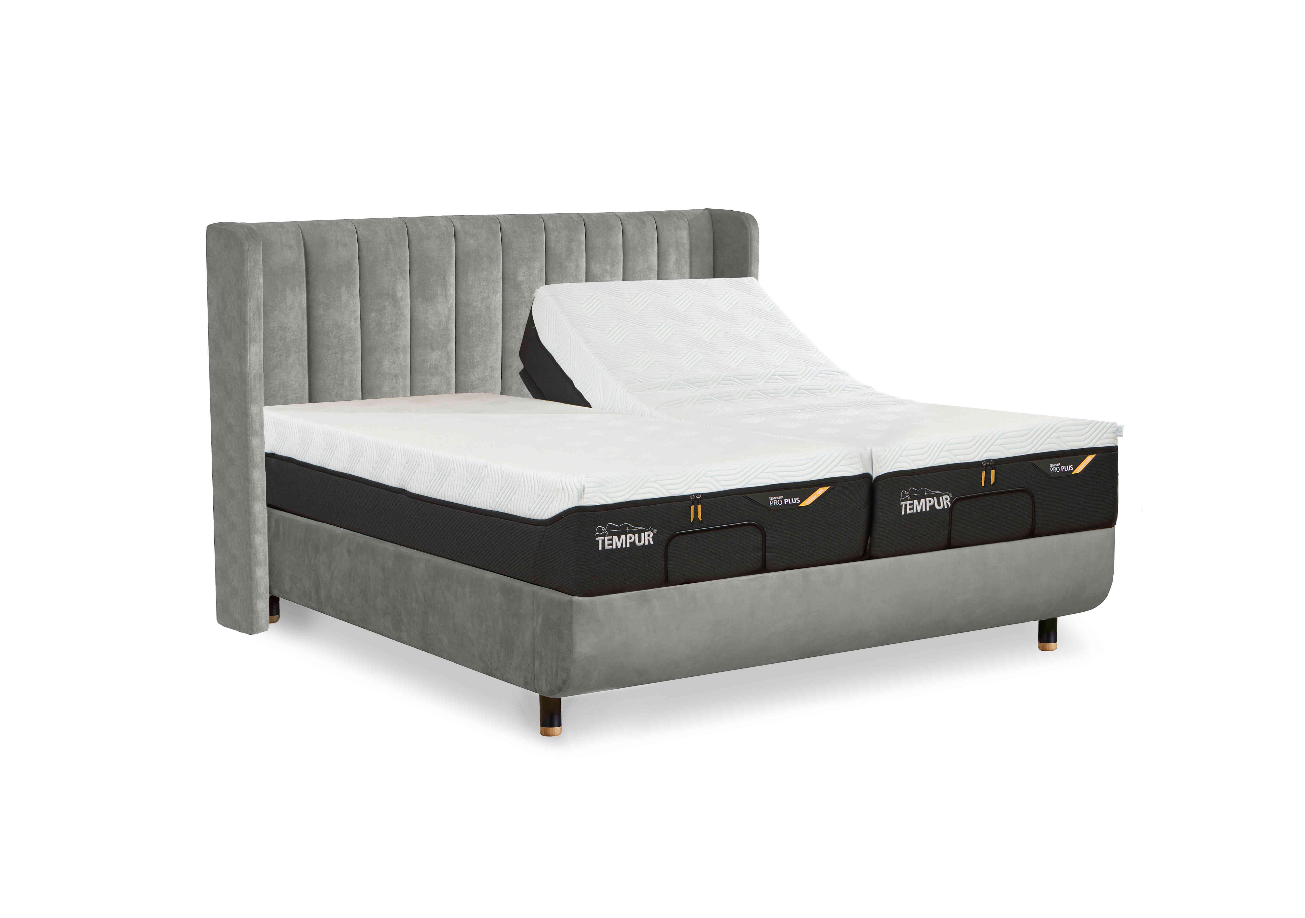 Arc Adjustable Disc Bed Frame with Lodret Headboard in Stone-Natural Ash Feet on Furniture Village
