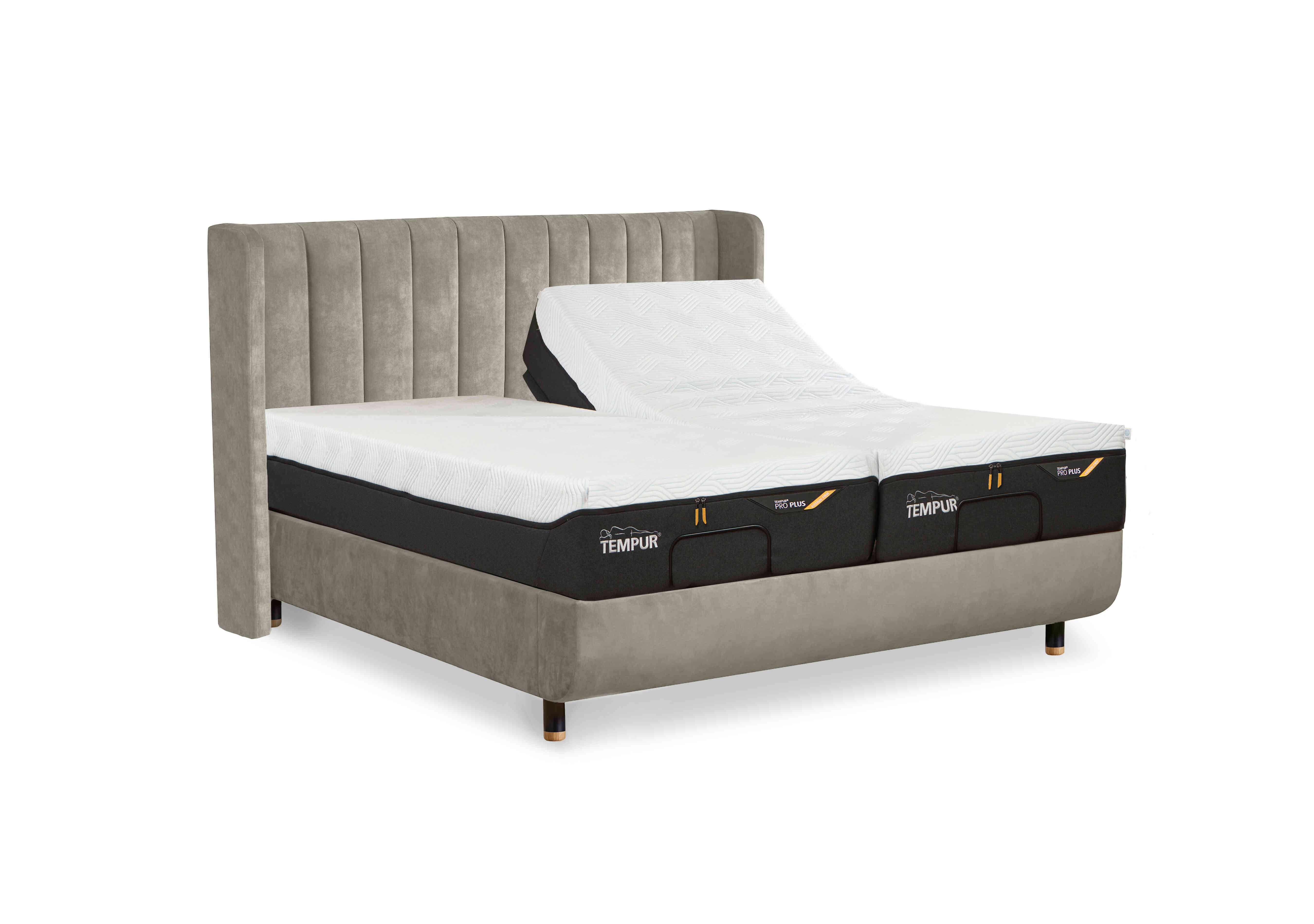 Arc Adjustable Disc Bed Frame with Lodret Headboard in Warm Stone-Matt Black Feet on Furniture Village