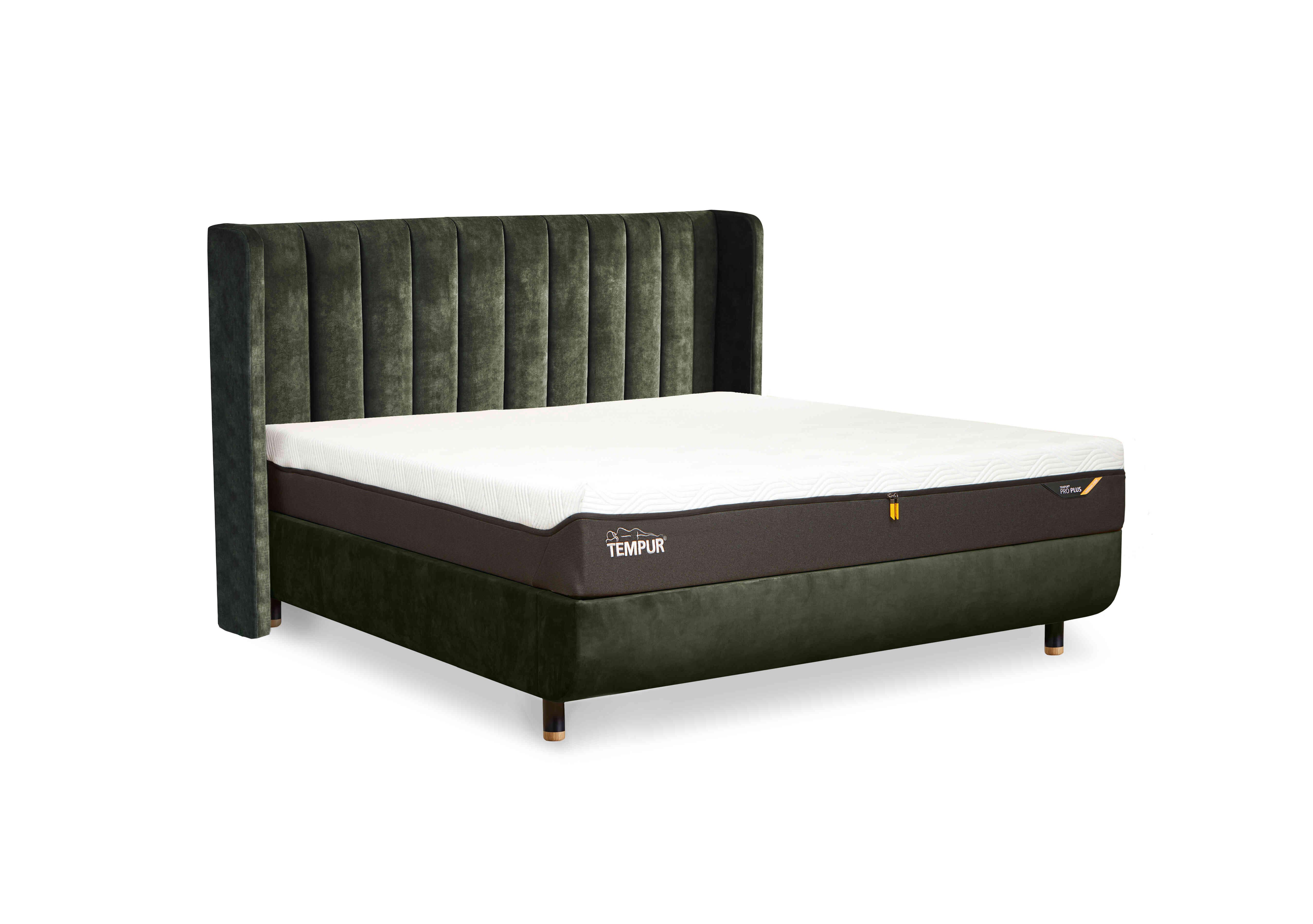 Arc Disc Bed Frame with Lodret Headboard in Dark Green-Black/Oak Feet on Furniture Village