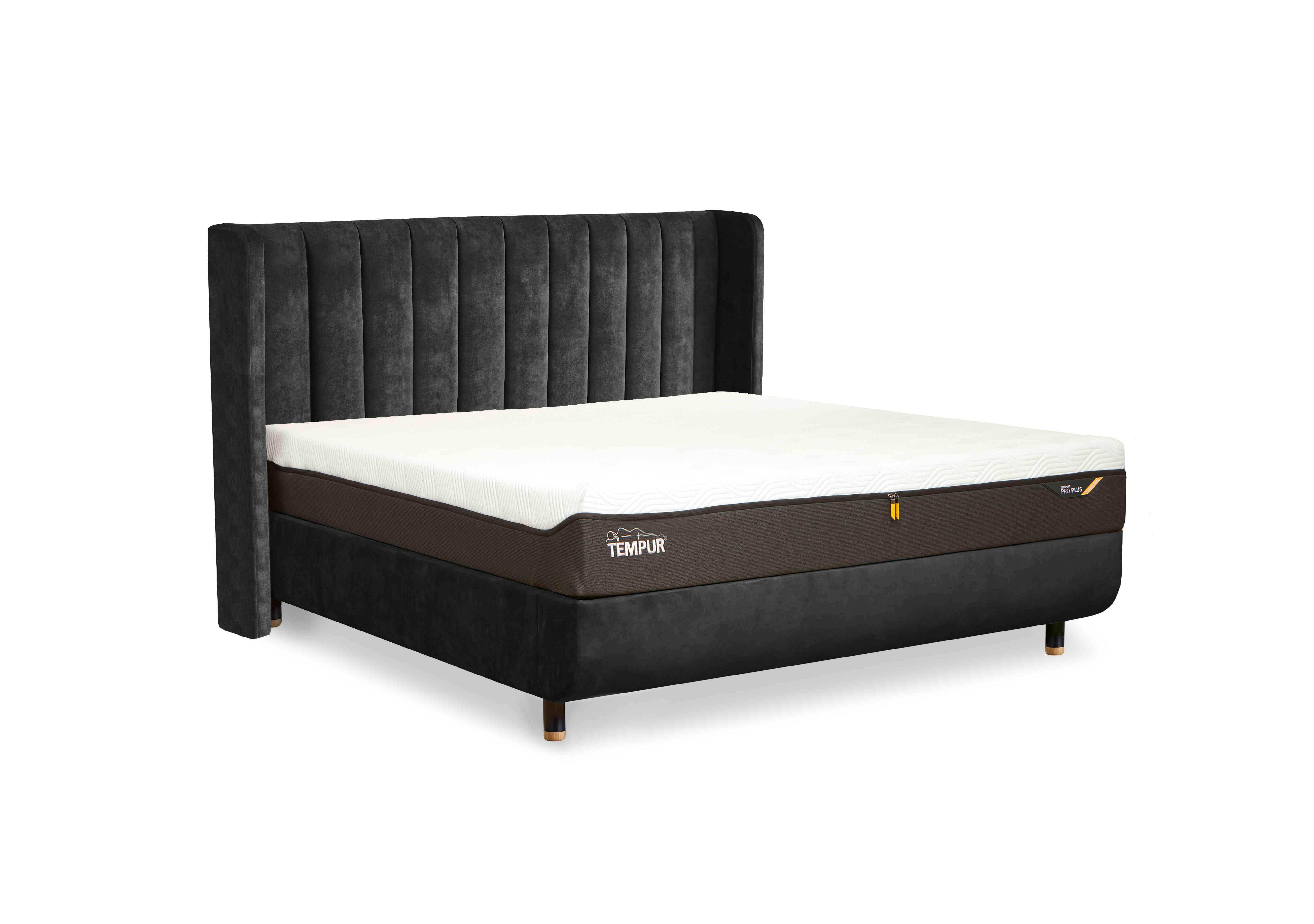 Arc Disc Bed Frame with Lodret Headboard in Dark Grey-Black/Oak Feet on Furniture Village