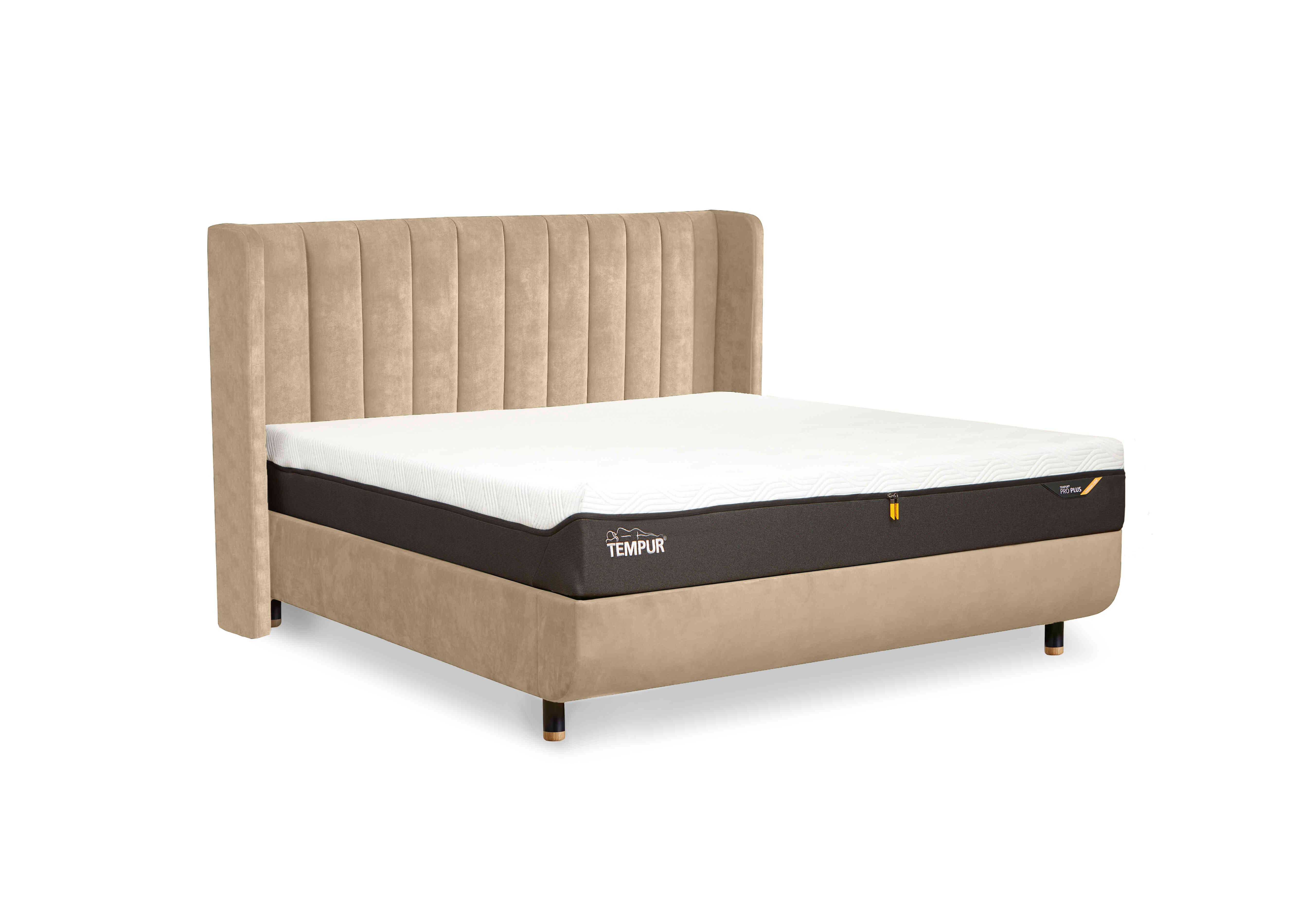Arc Disc Bed Frame with Lodret Headboard in Sand-Black/Oak Feet on Furniture Village