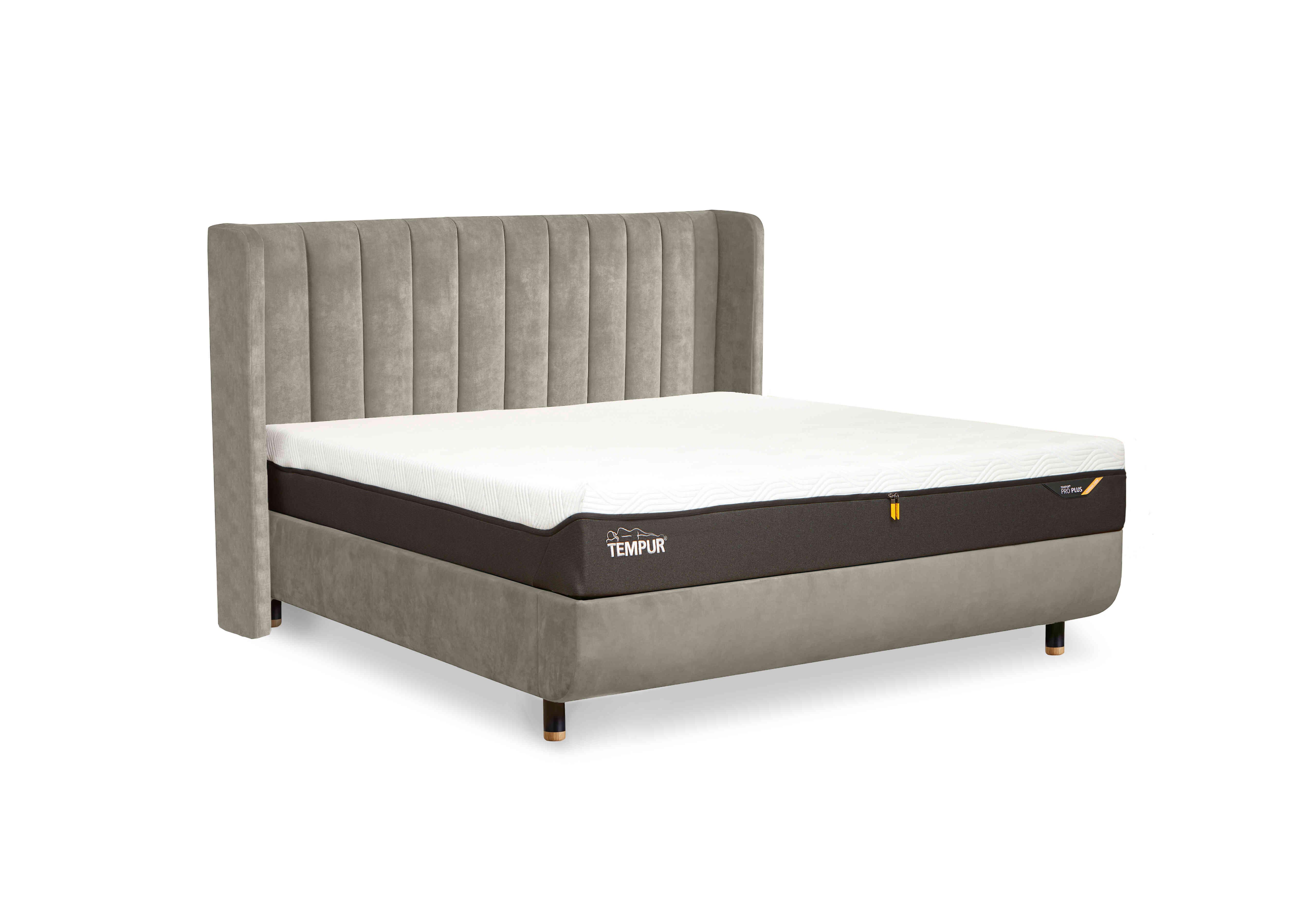 Arc Disc Bed Frame with Lodret Headboard in Warm Stone-Chrome Feet on Furniture Village