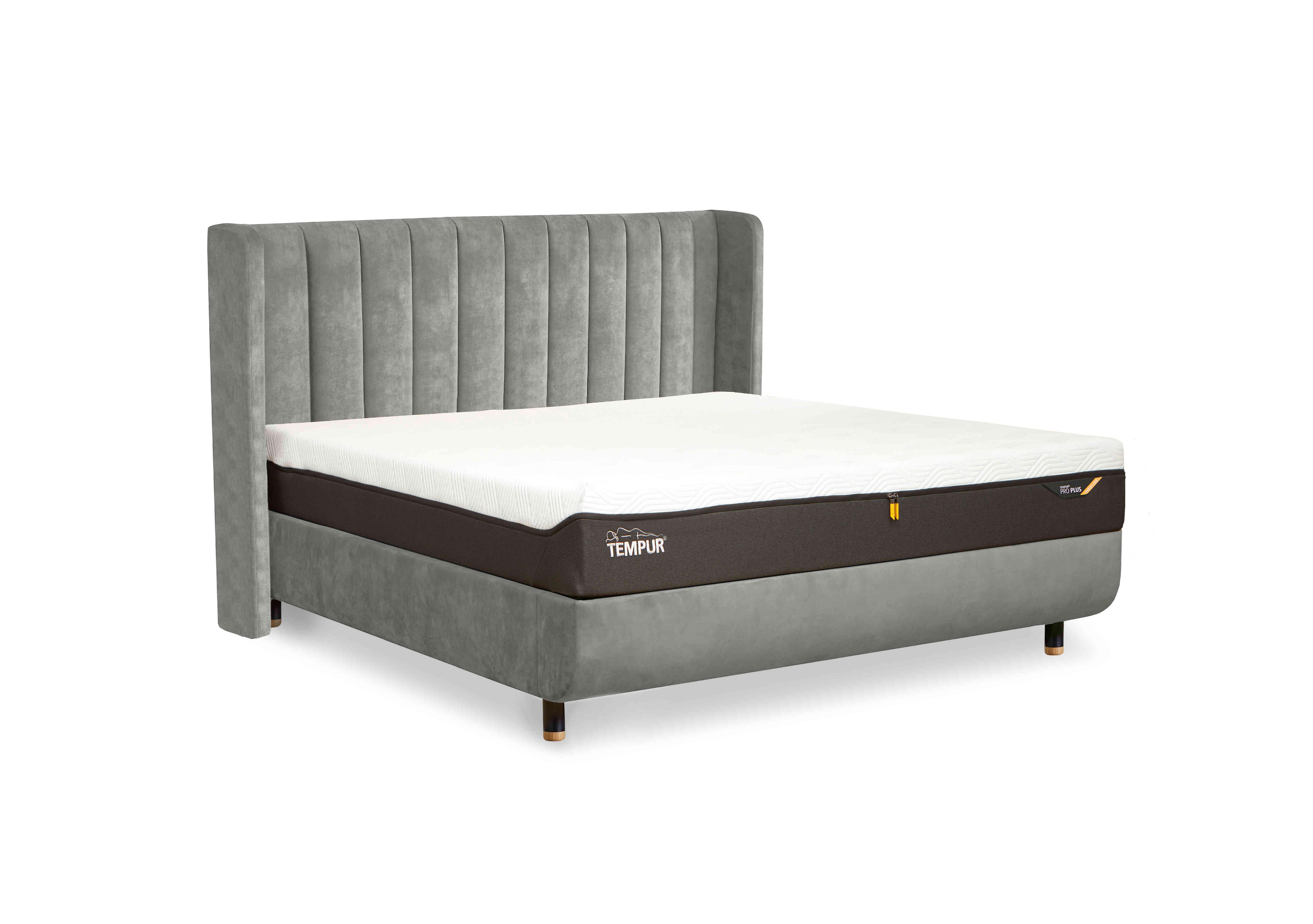 Arc Slatted Ottoman Bed Frame with Lodret Headboard in Stone-Natural Ash Feet on Furniture Village