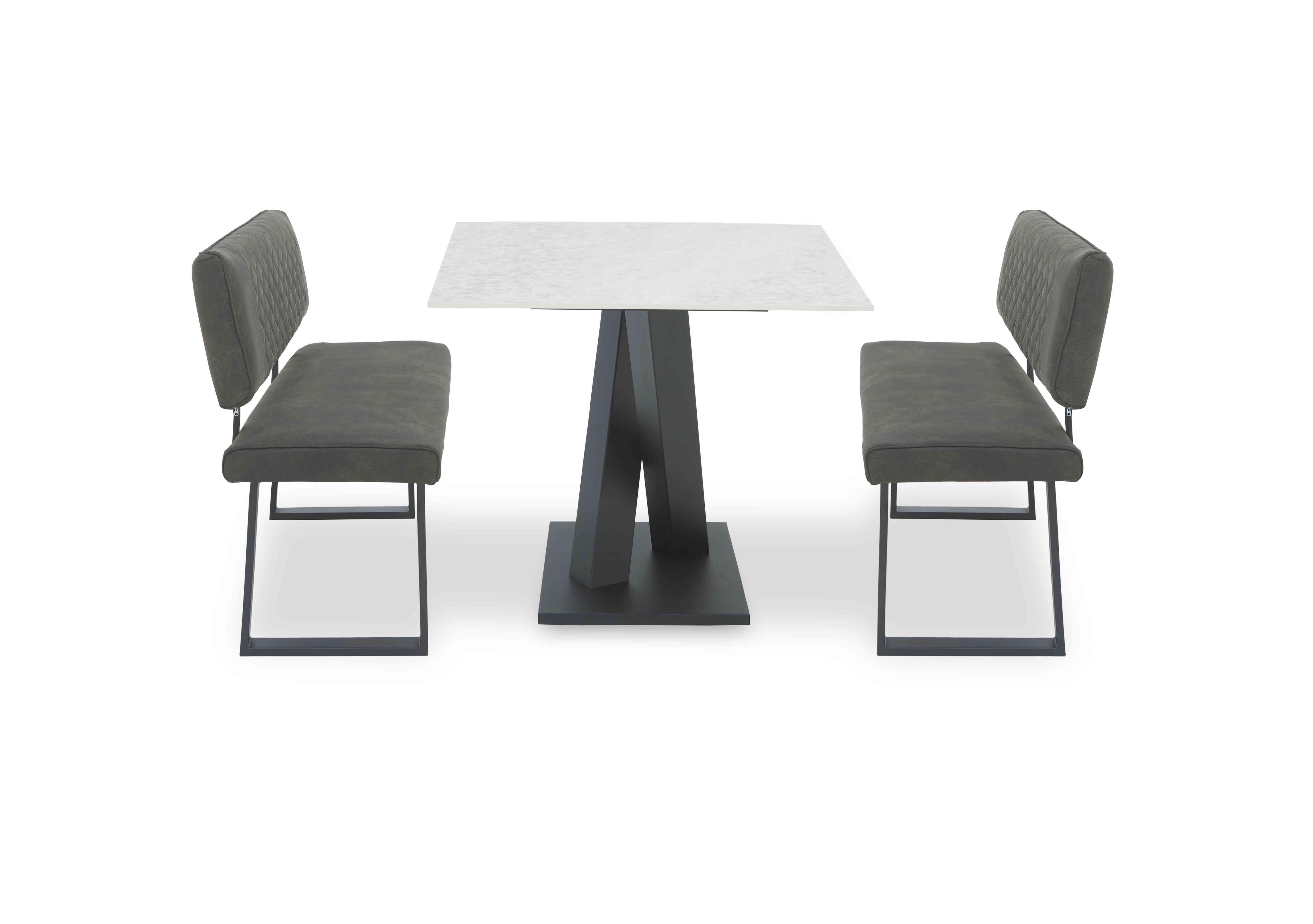 Warrior Crystal White Compact Fixed Dining Table with 2 High Back Dining Benches in White/Grey on Furniture Village