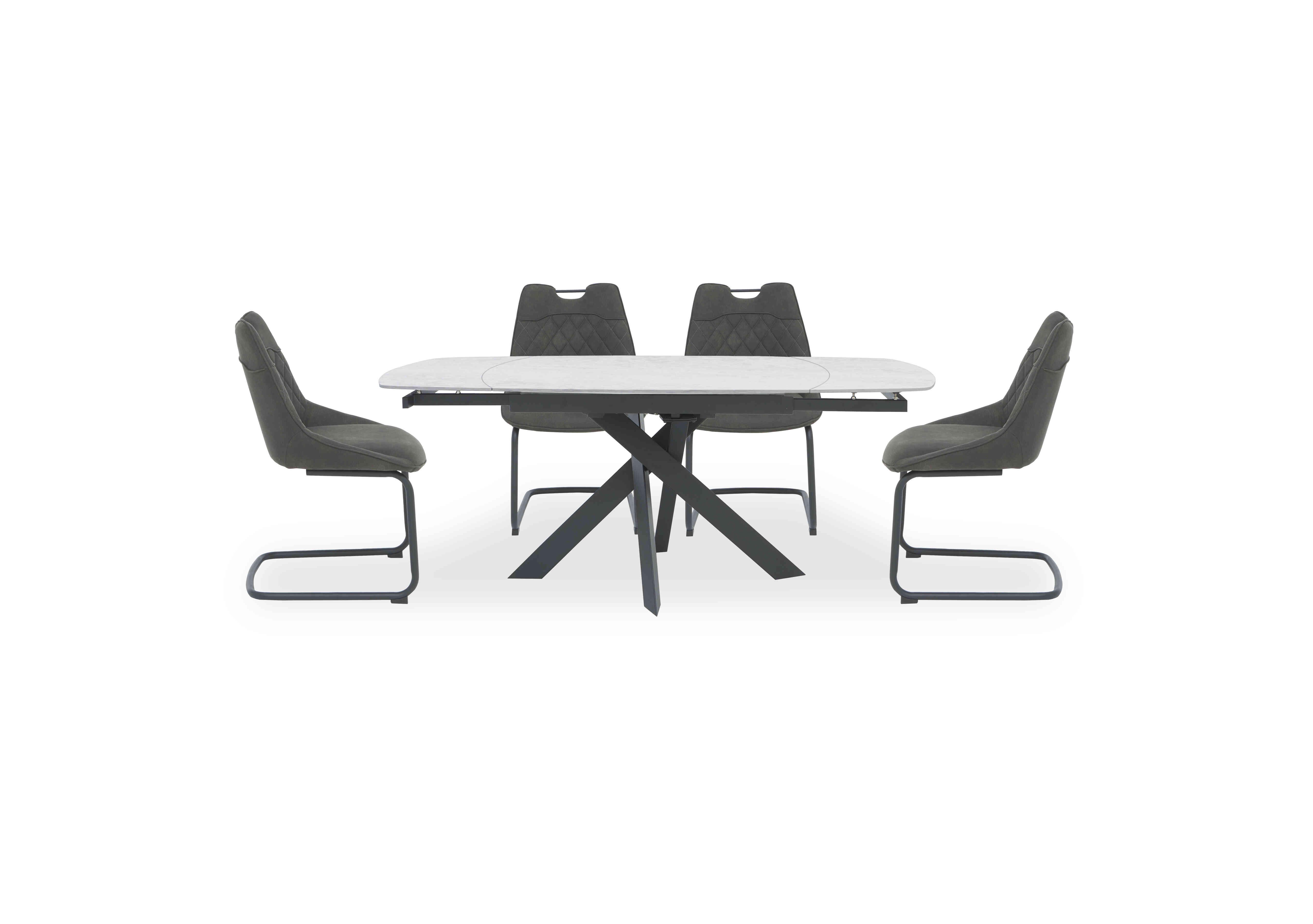 Warrior Crystal White Swivel Extending Dining Table with 4 Cantilever Dining Chairs in White/Grey on Furniture Village