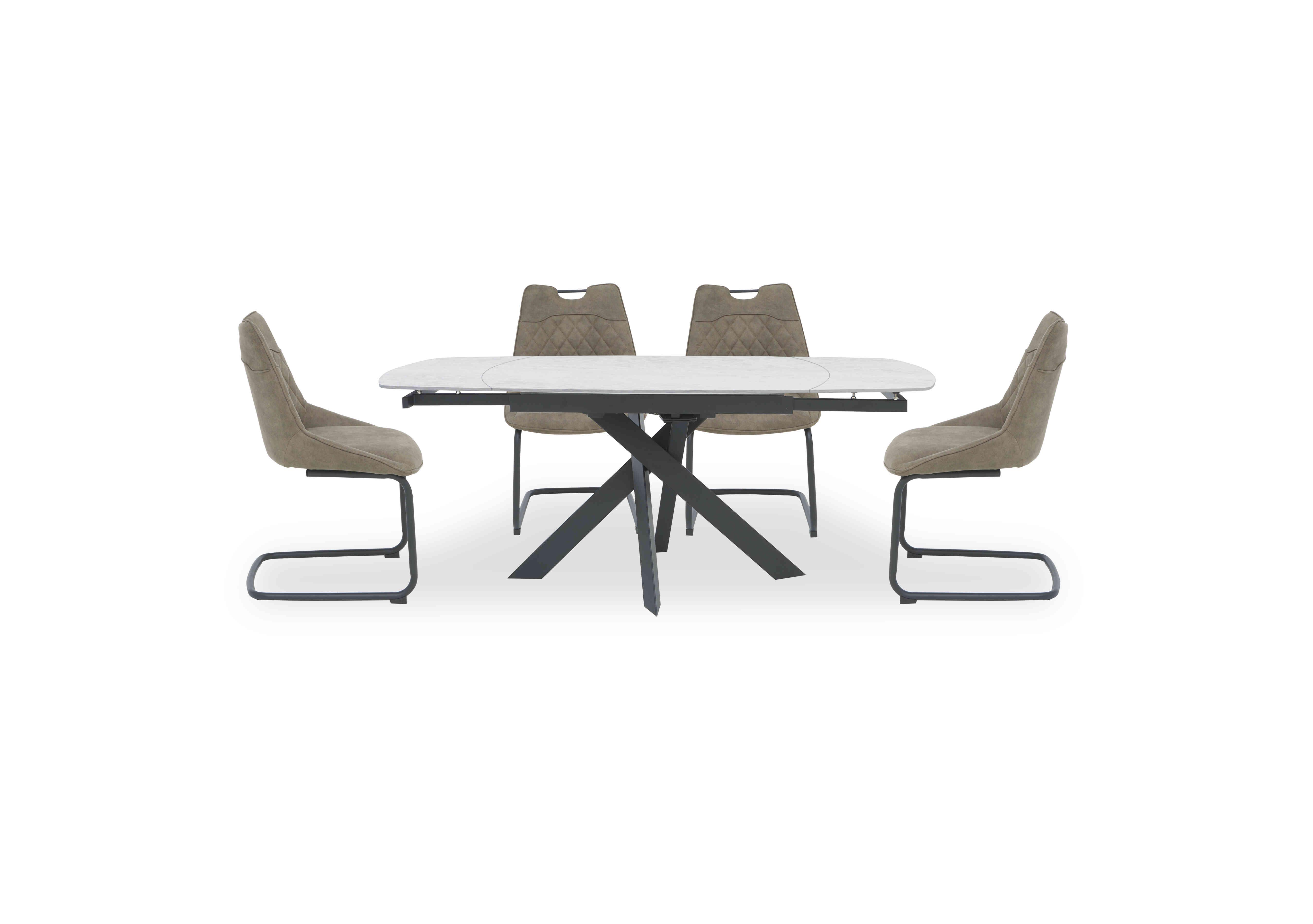 Warrior Crystal White Swivel Extending Dining Table with 4 Cantilever Dining Chairs in White/Taupe on Furniture Village