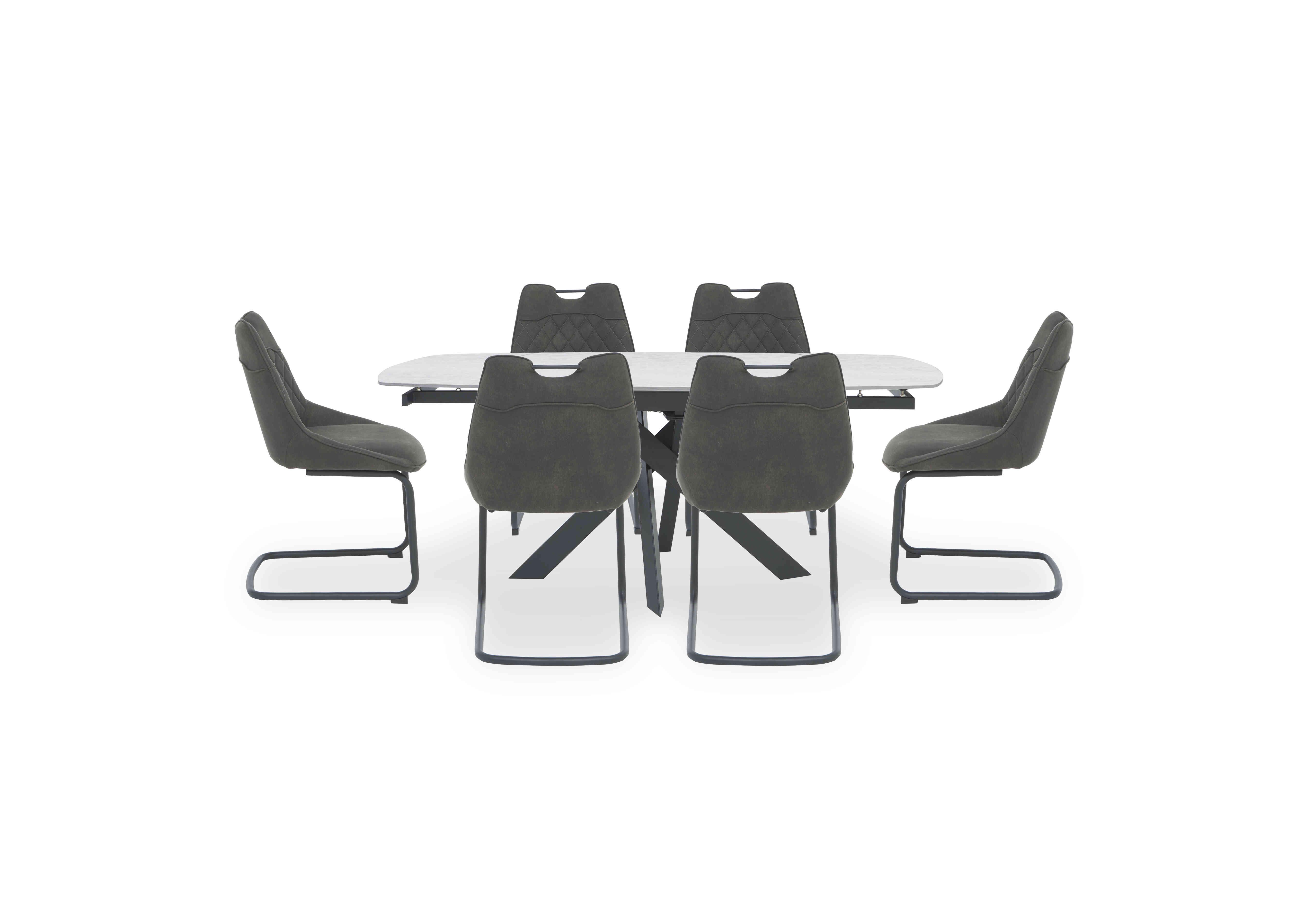 Warrior Crystal White Swivel Extending Dining Table with 6 Cantilever Dining Chairs in White/Grey on Furniture Village