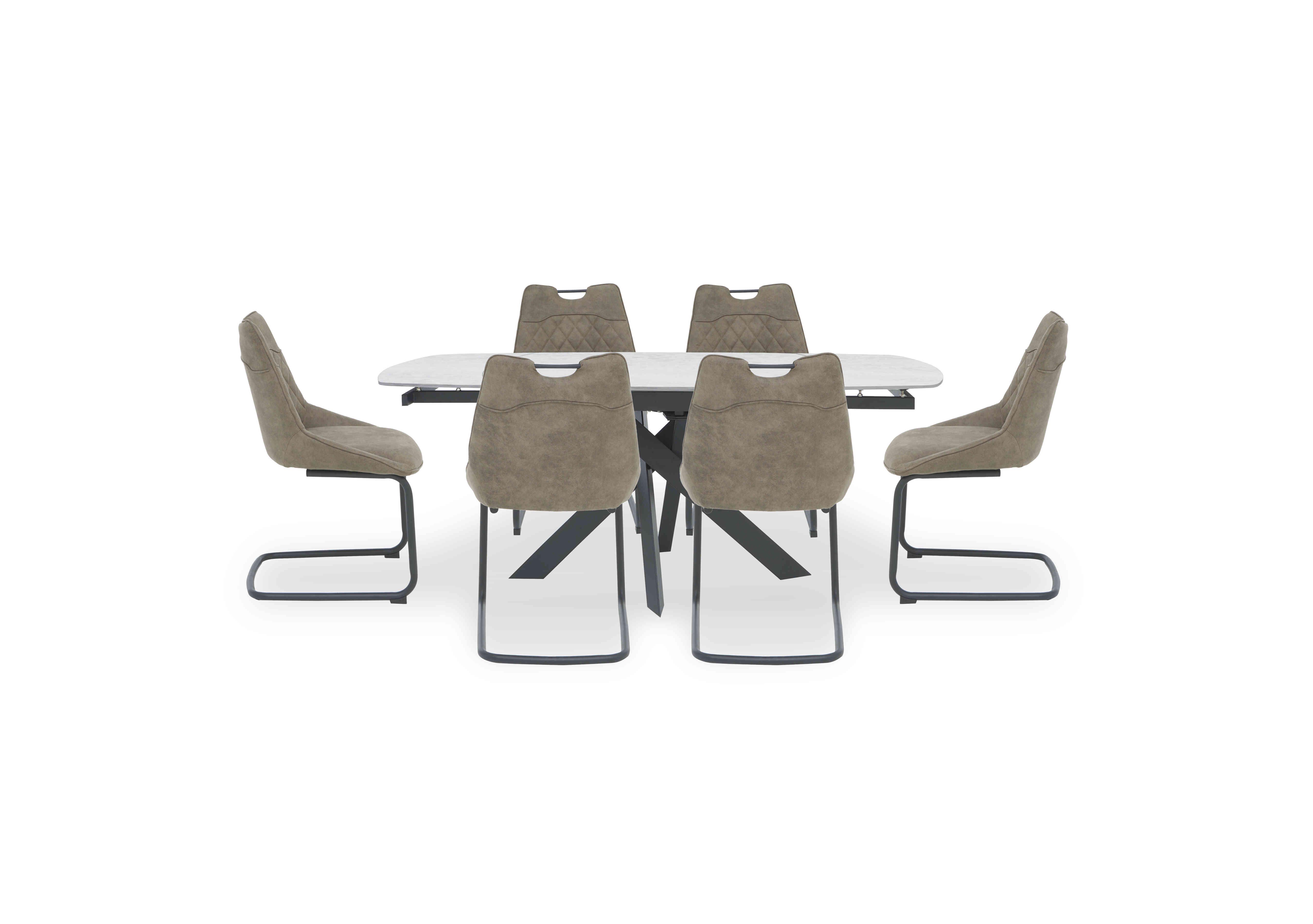Warrior Crystal White Swivel Extending Dining Table with 6 Cantilever Dining Chairs in White/Taupe on Furniture Village