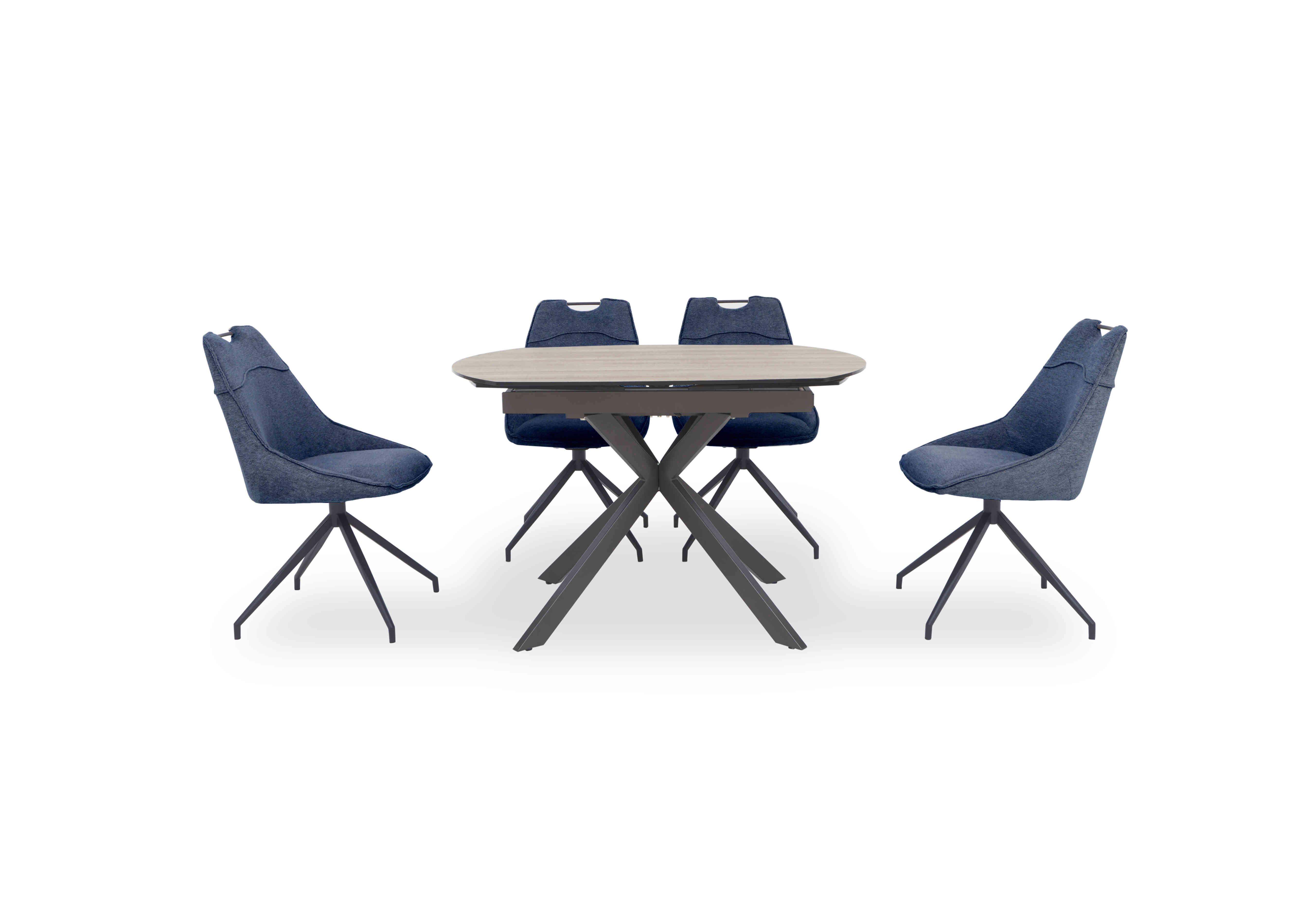 Pedro Swivel Extending Dining Table with 4 Swivel Fabric Dining Chairs in Blue on Furniture Village