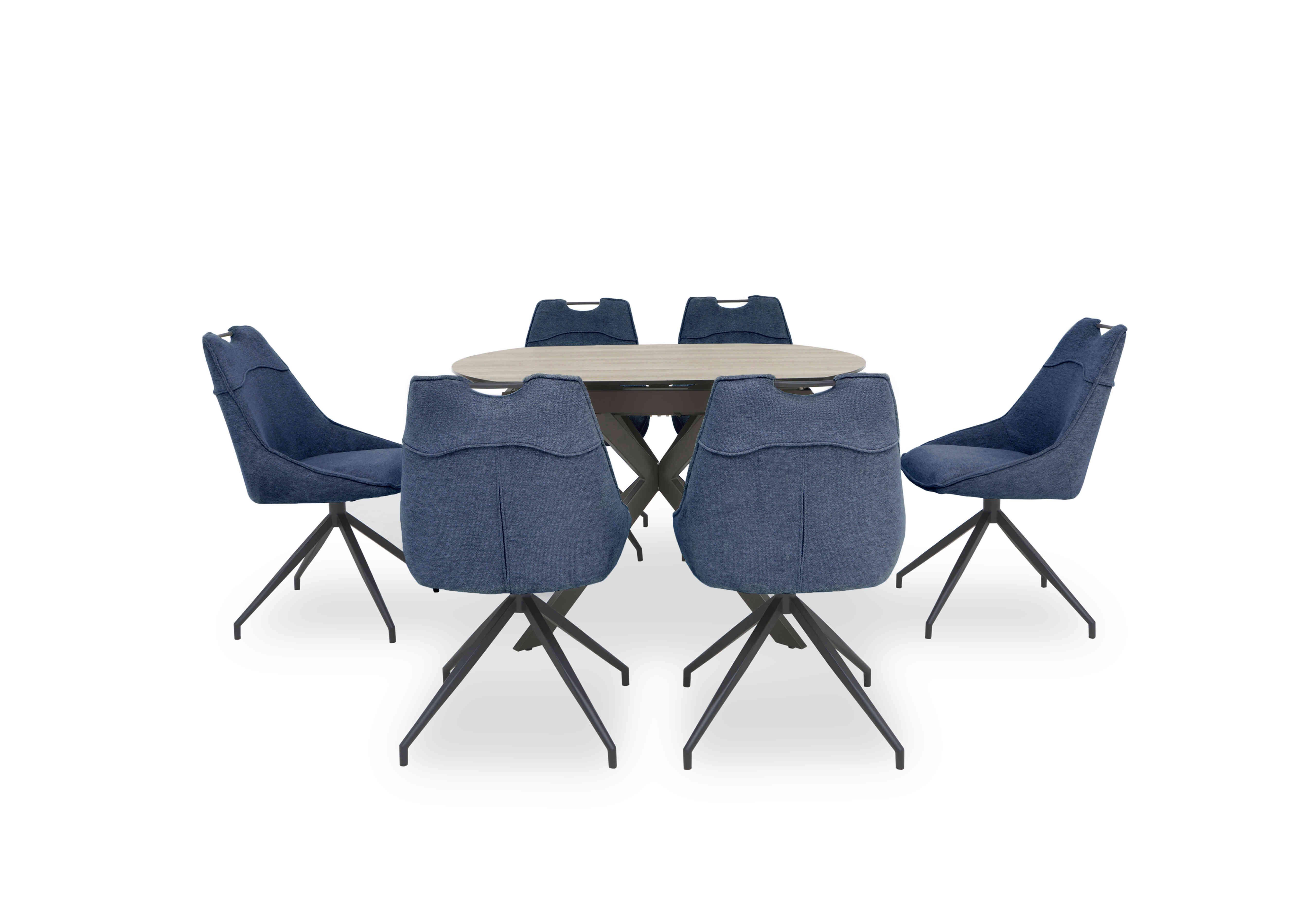 Pedro Swivel Extending Dining Table with 6 Swivel Fabric Dining Chairs in Blue on Furniture Village