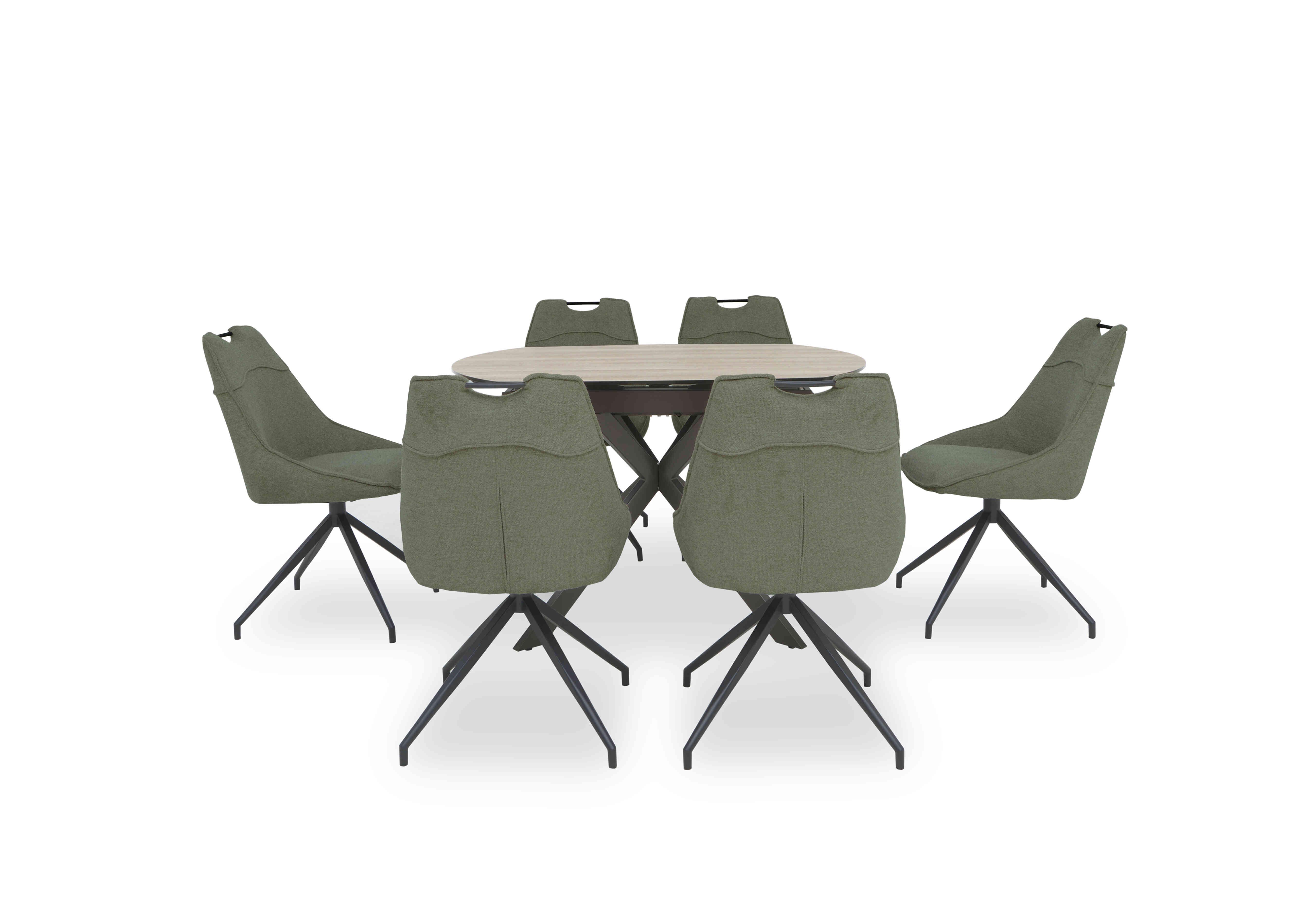 Pedro Swivel Extending Dining Table with 6 Swivel Fabric Dining Chairs in Green on Furniture Village