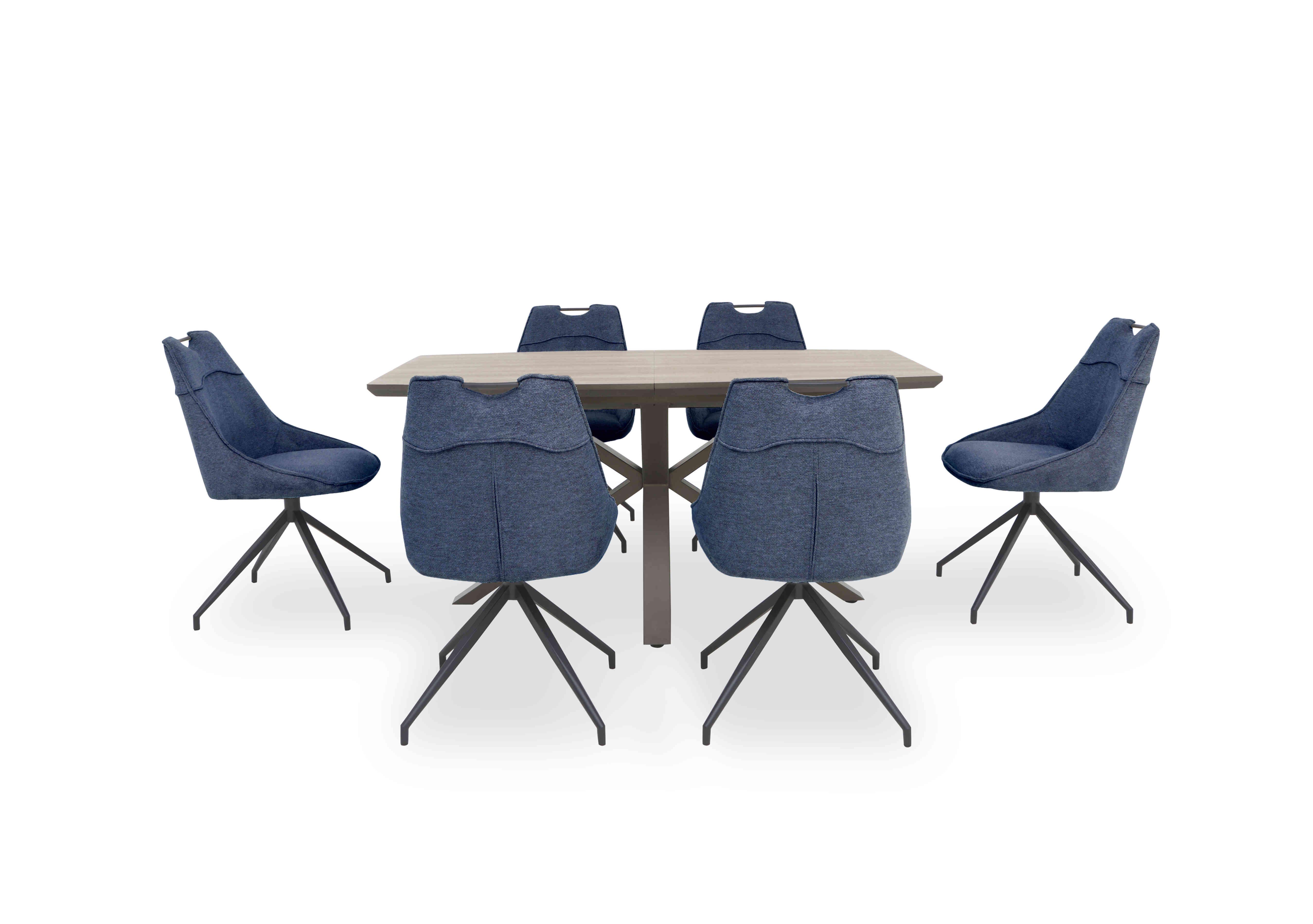 Pedro Extending Dining Table with 6 Swivel Fabric Dining Chairs in Blue on Furniture Village