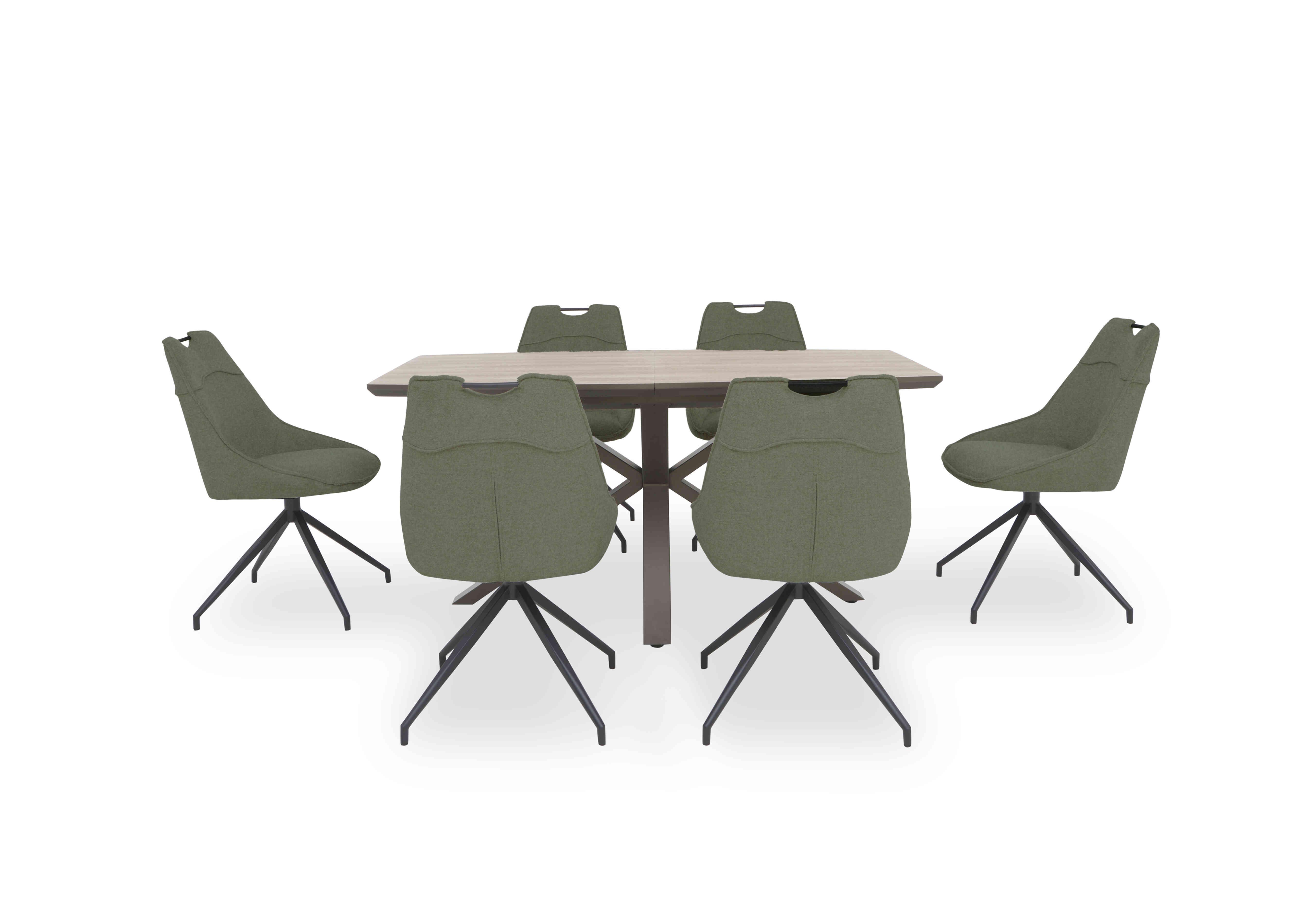 Pedro Extending Dining Table with 6 Swivel Fabric Dining Chairs in Green on Furniture Village