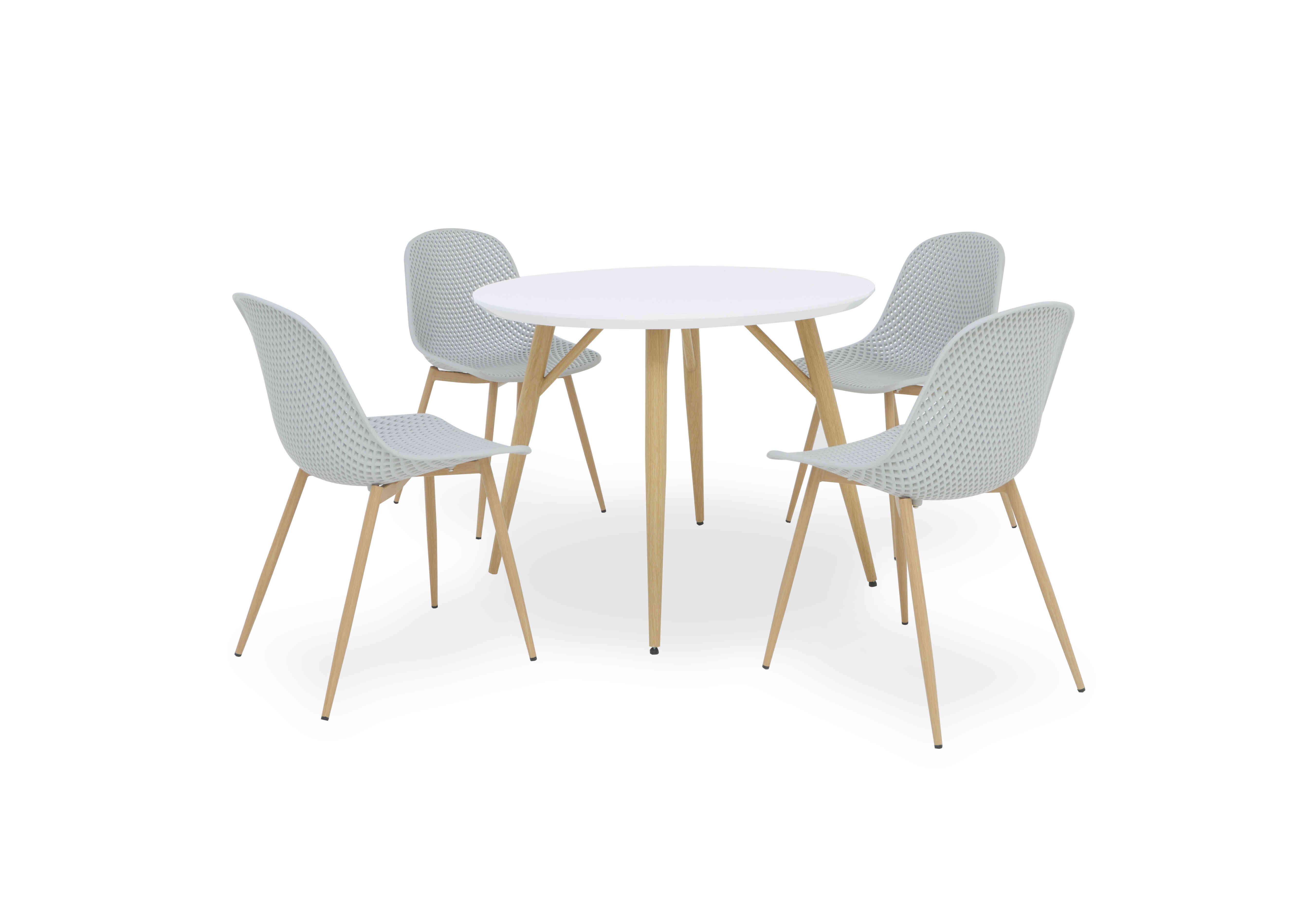 Jonah Round Dining Table with 4 Trellis Plastic Dining Chairs in Light Grey on Furniture Village