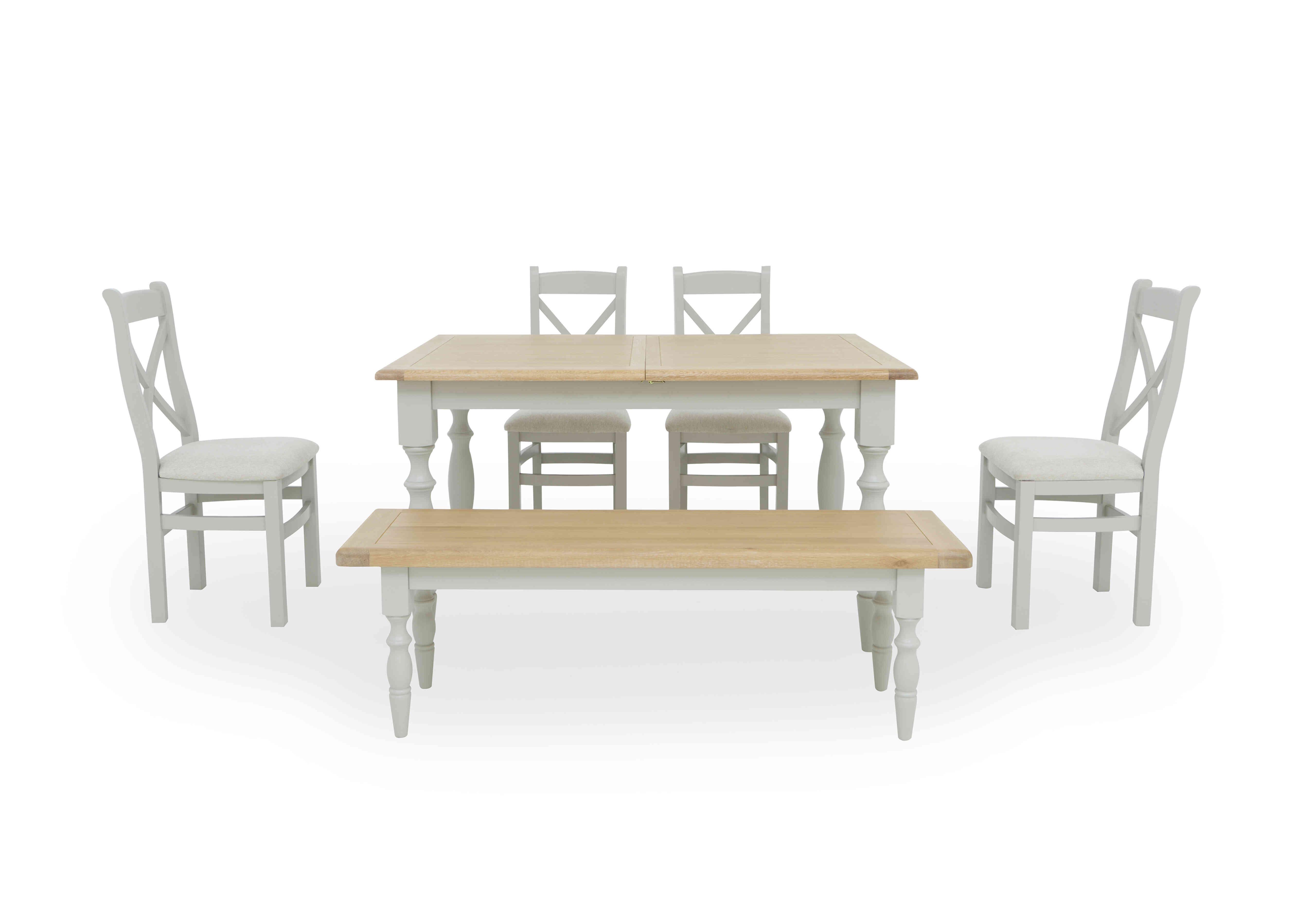 Moore Extending Dining Table with 4 Cross Back Dining Chairs and a Dining Bench in  on Furniture Village