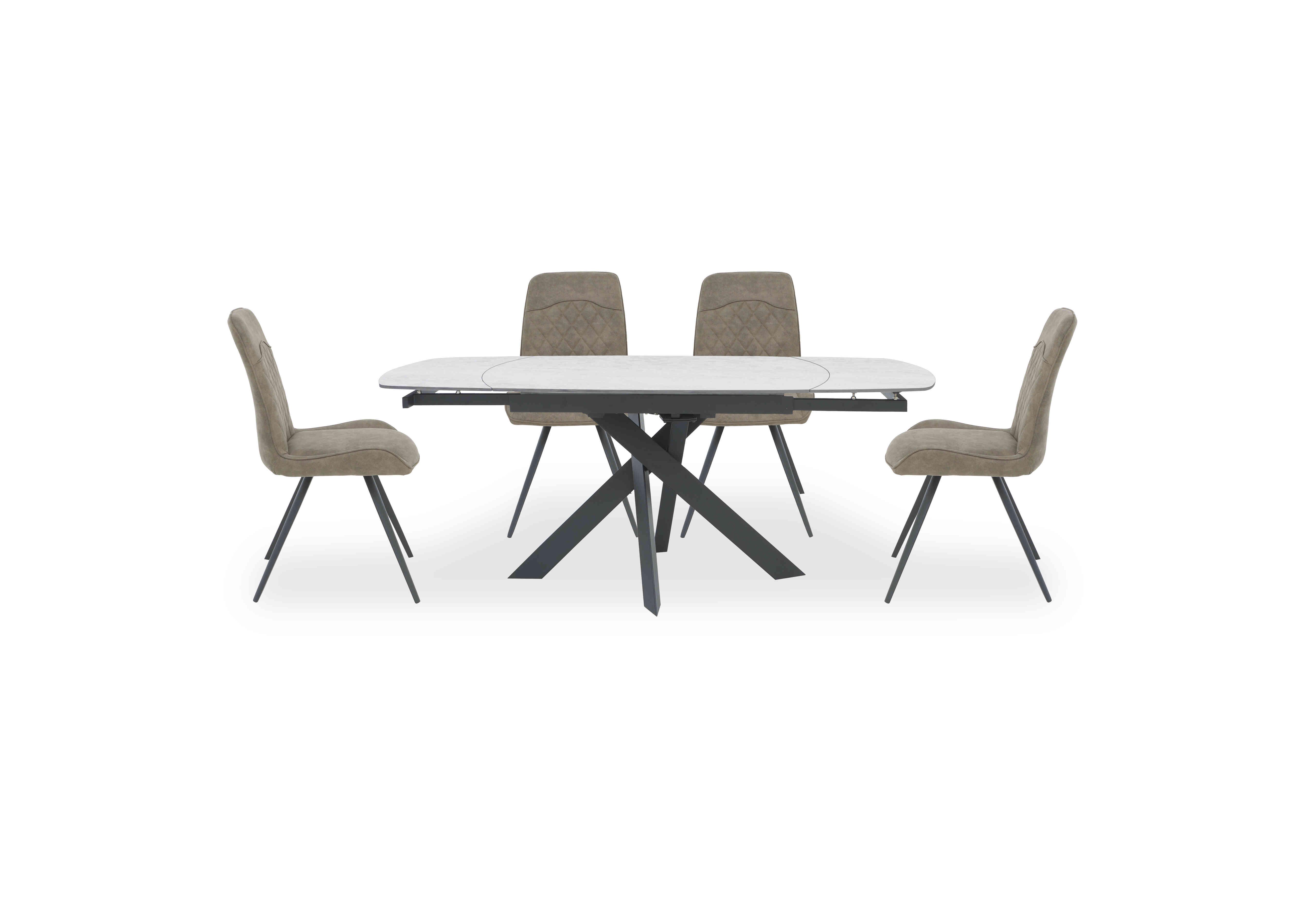 Warrior Crystal White Swivel Extending Dining Table with 4 Standard Dining Chairs in White/Taupe on Furniture Village