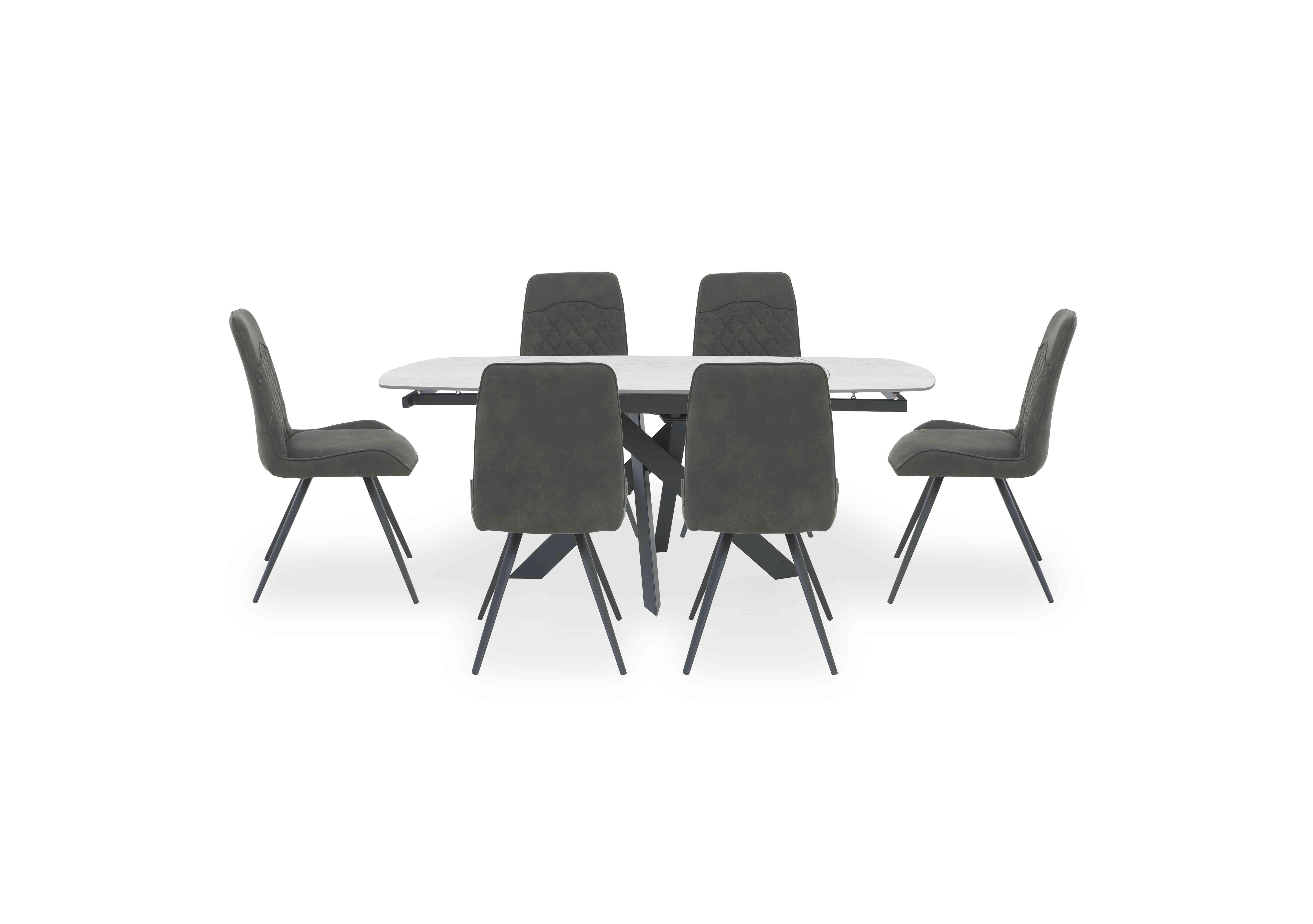 Warrior Crystal White Swivel Extending Dining Table with 6 Standard Dining Chairs in White/Grey on Furniture Village