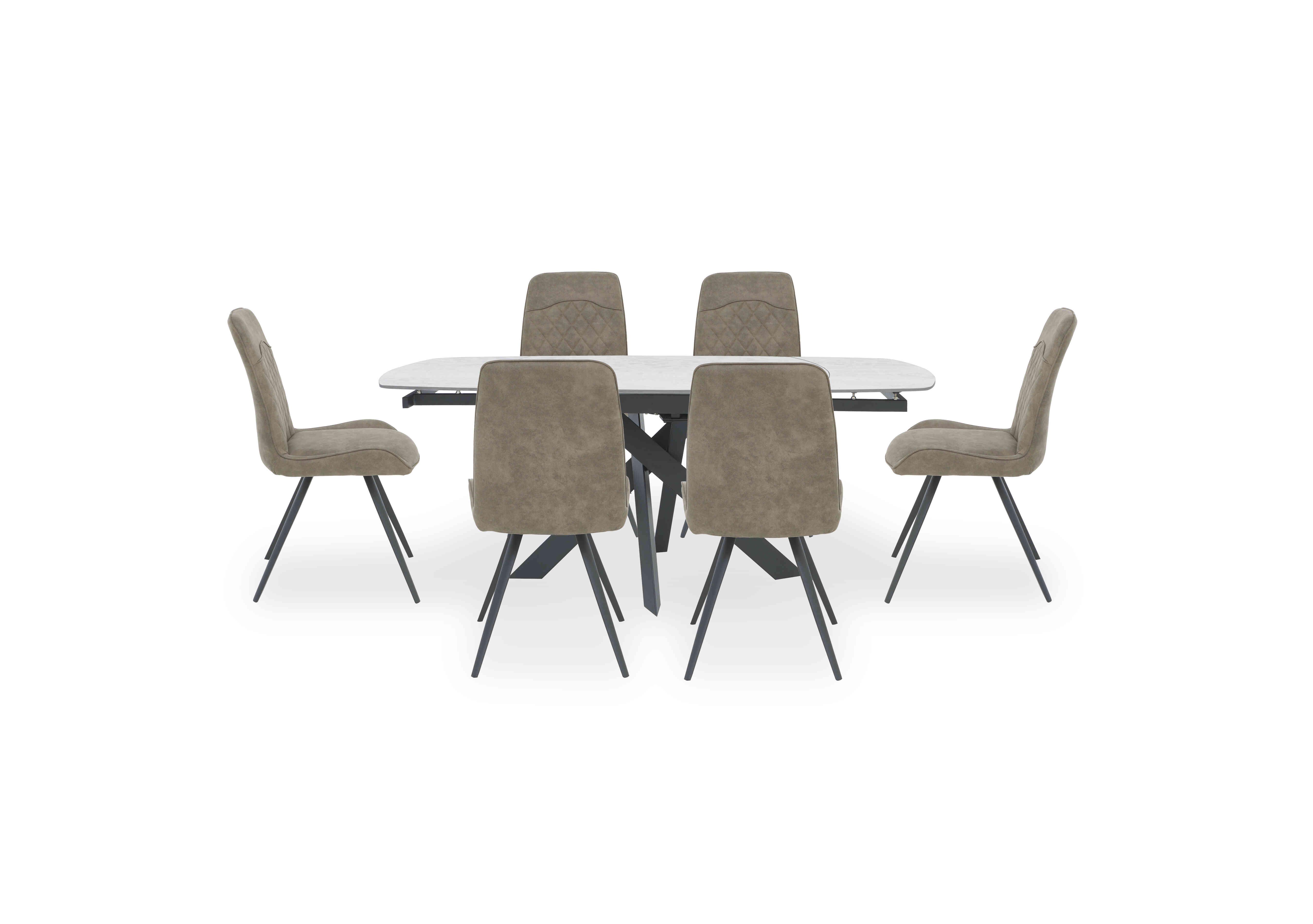 Warrior Crystal White Swivel Extending Dining Table with 6 Standard Dining Chairs in White/Taupe on Furniture Village