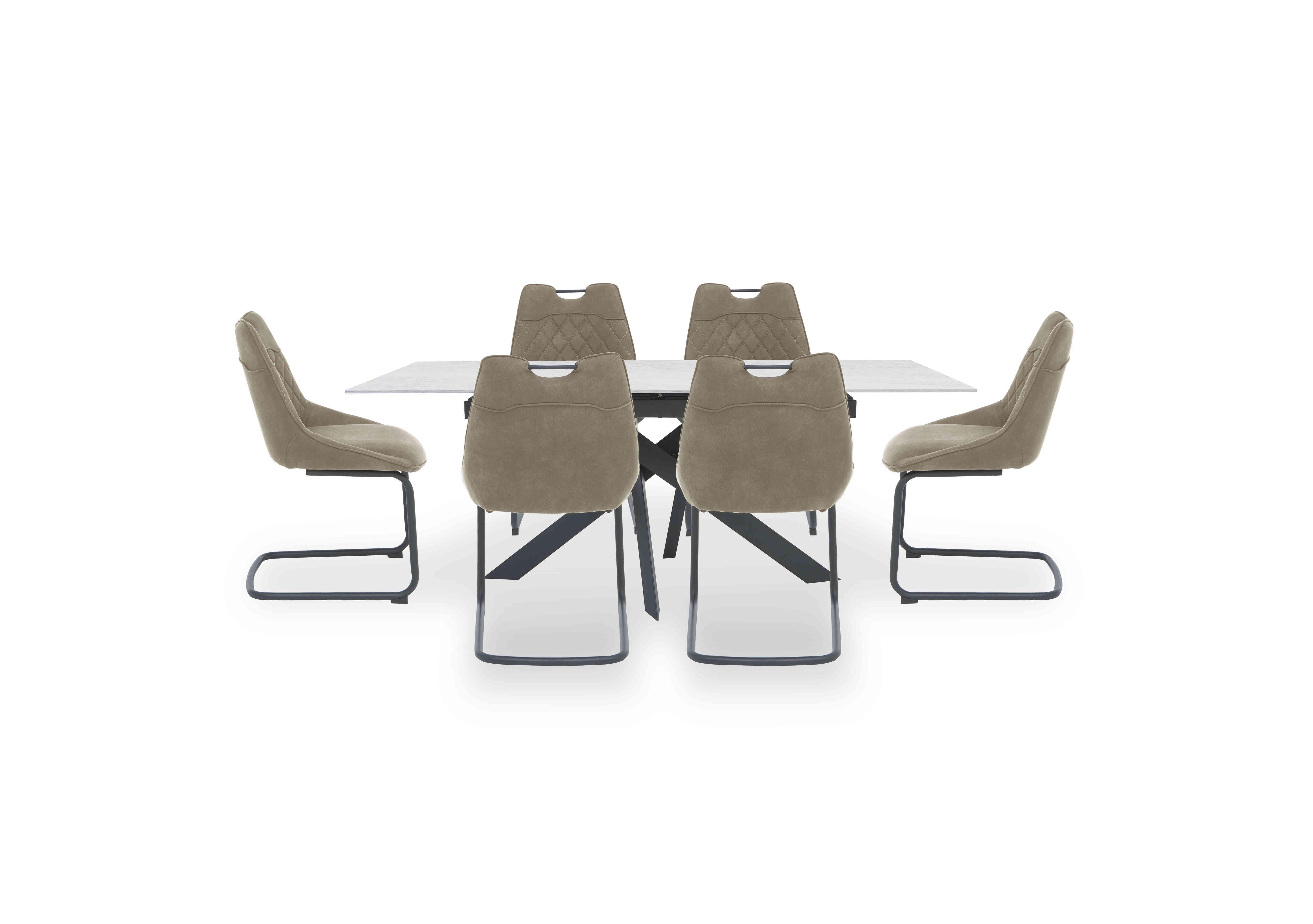 Warrior Crystal White Extending Dining Table with 6 Cantilever Dining Chairs in White/Taupe on Furniture Village