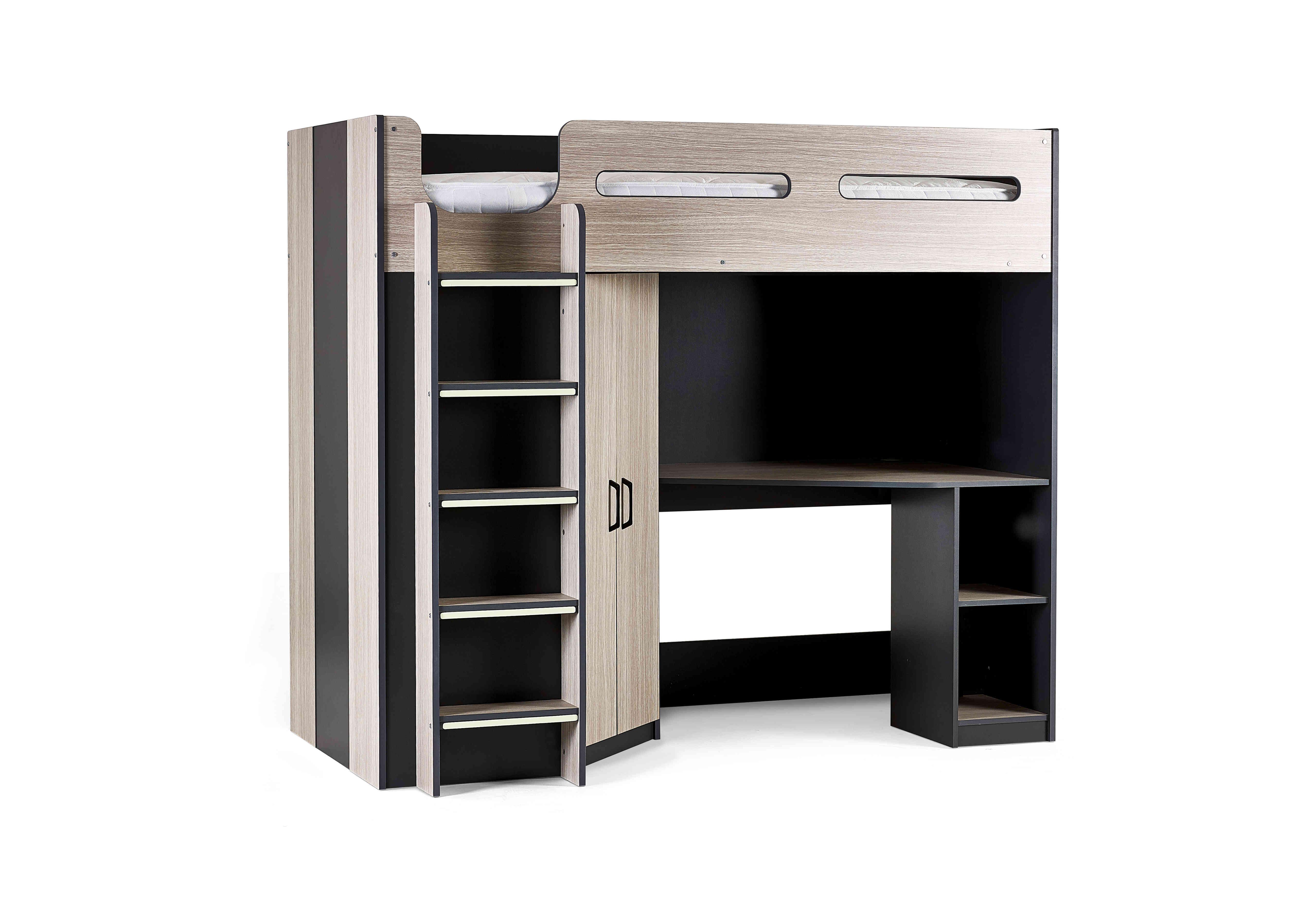 Jakob High Sleeper with Wardrobe and Desk in Woodgrain And Anthracite on Furniture Village