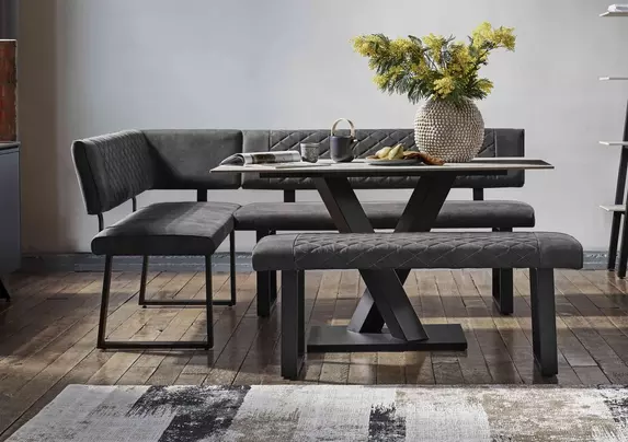 Warrior Crystal White Compact Fixed Dining Table with Left Hand Facing Corner Bench and Standard Bench