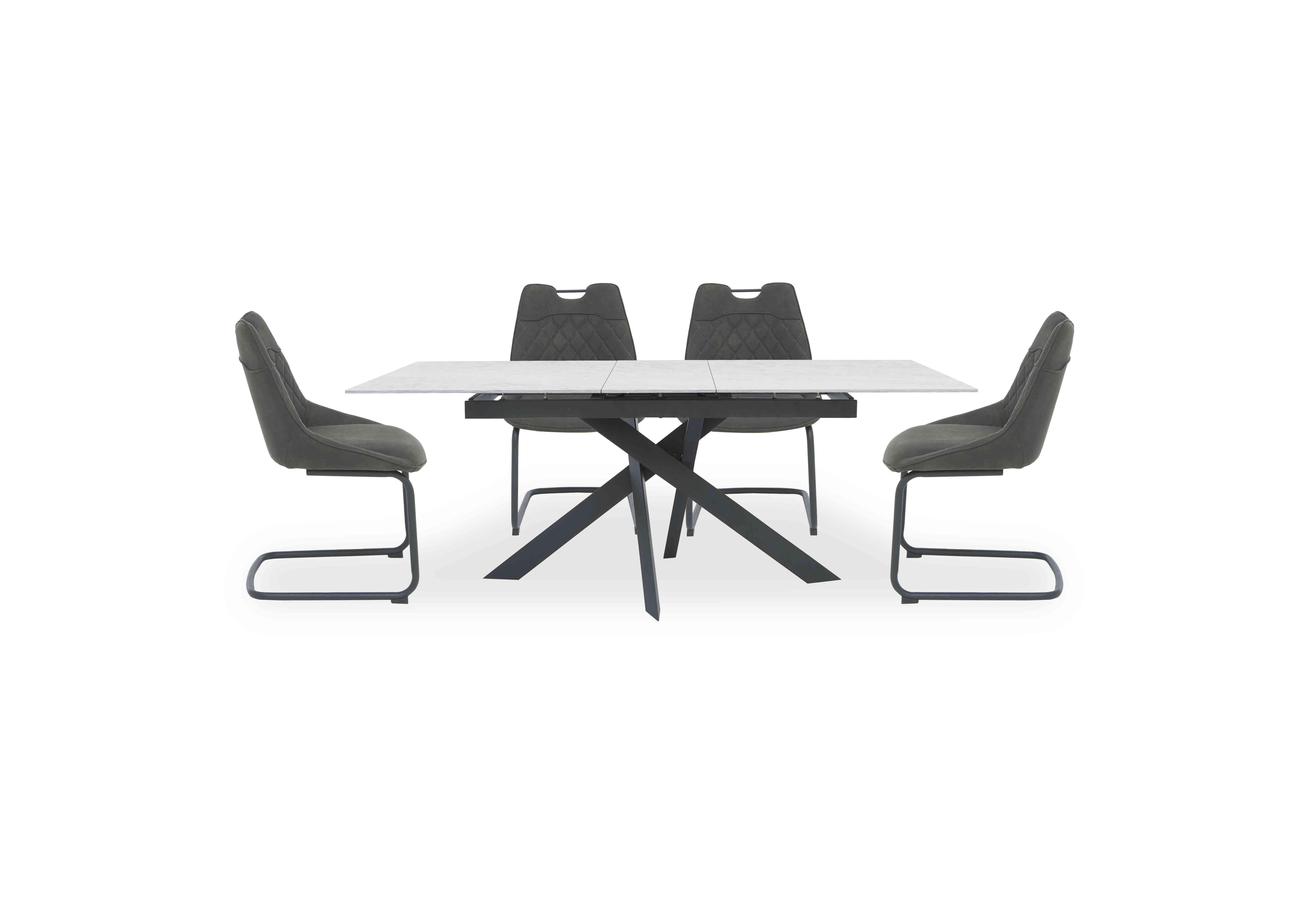 Warrior Crystal White Extending Dining Table with 4 Cantilever Dining Chairs in White/Grey on Furniture Village