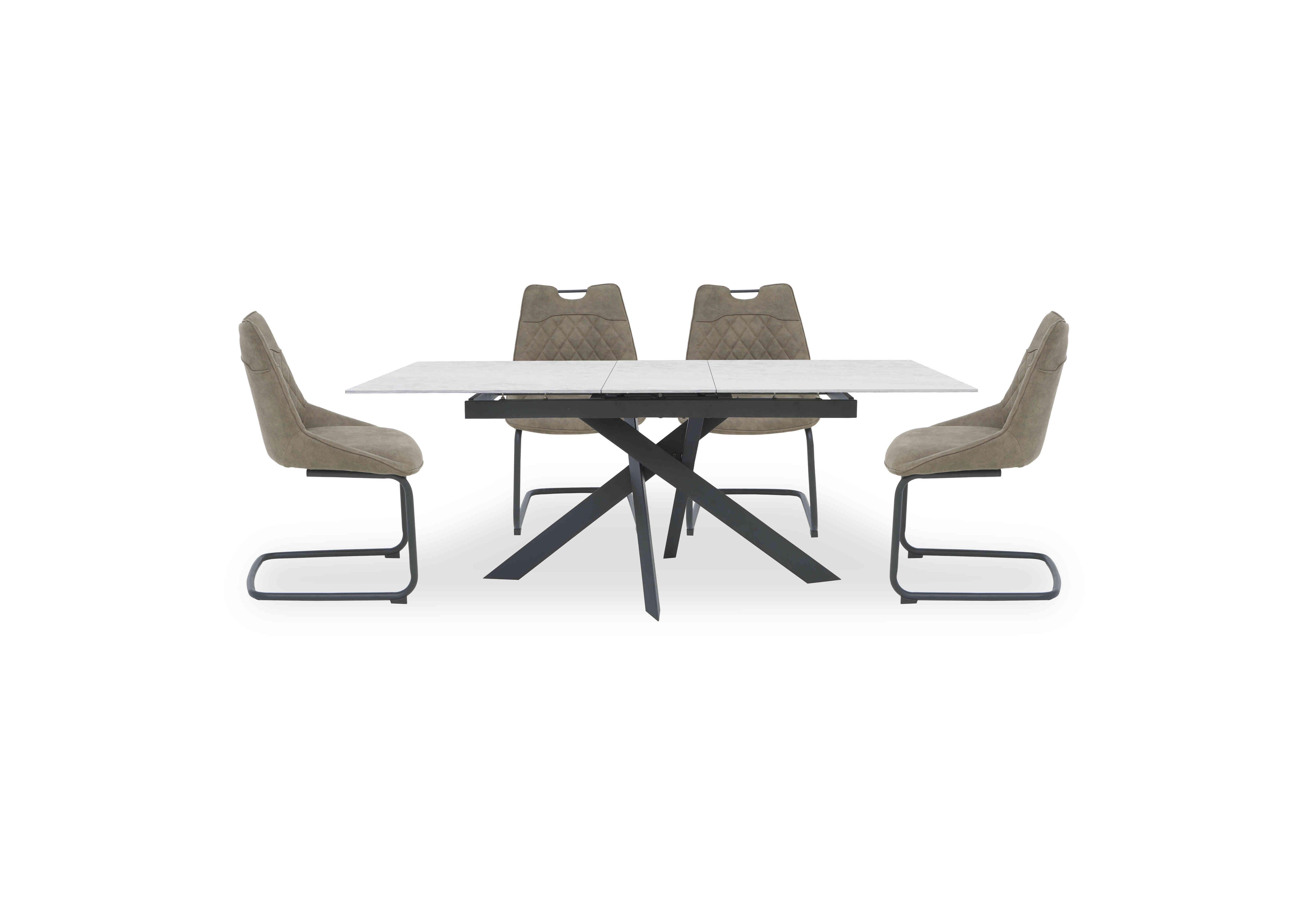 Warrior Crystal White Extending Dining Table with 4 Cantilever Dining Chairs in White/Taupe on Furniture Village