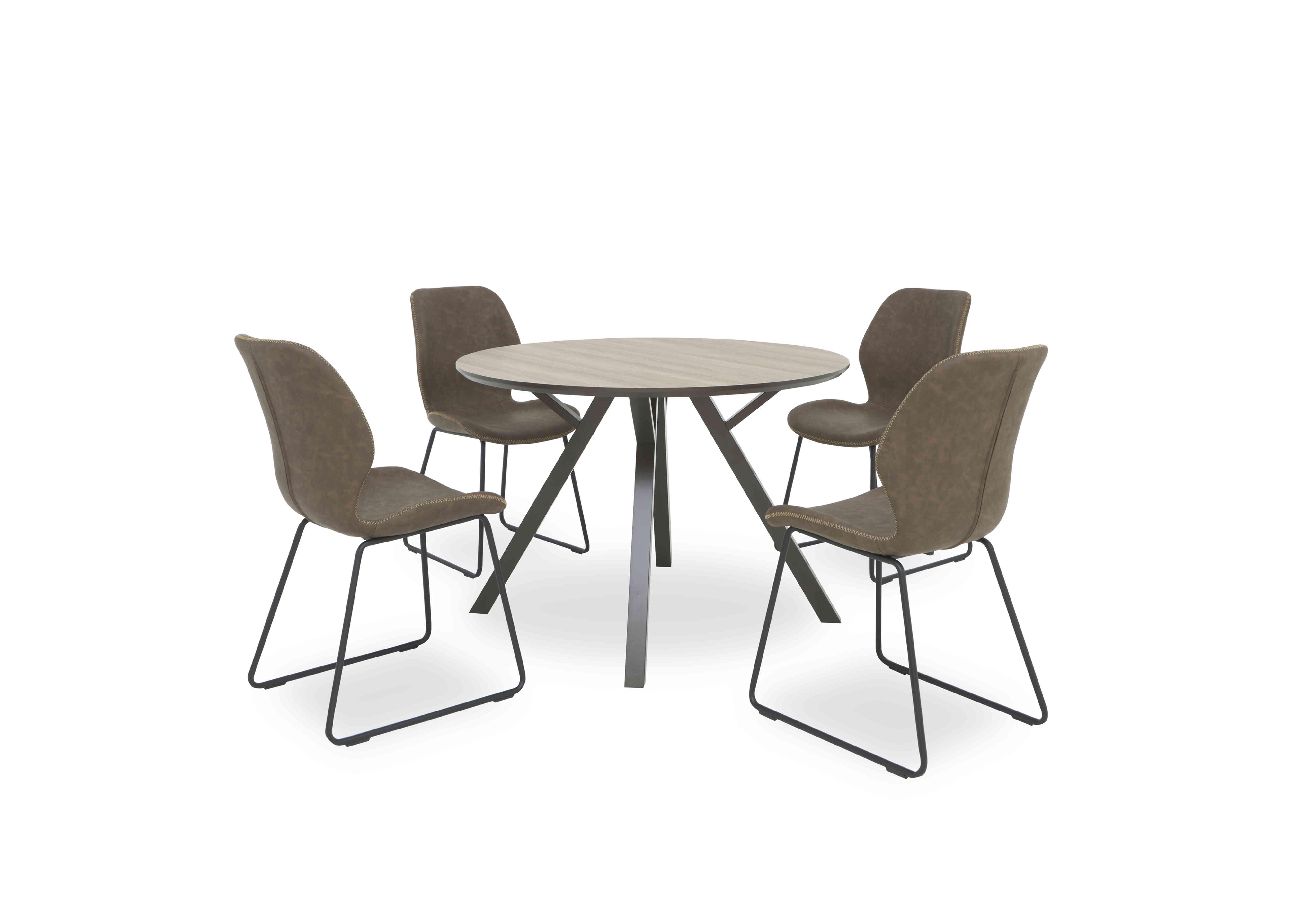 Pedro Round Dining Table with 4 Faux Leather Ski Leg Dining Chairs in Light Brown on Furniture Village