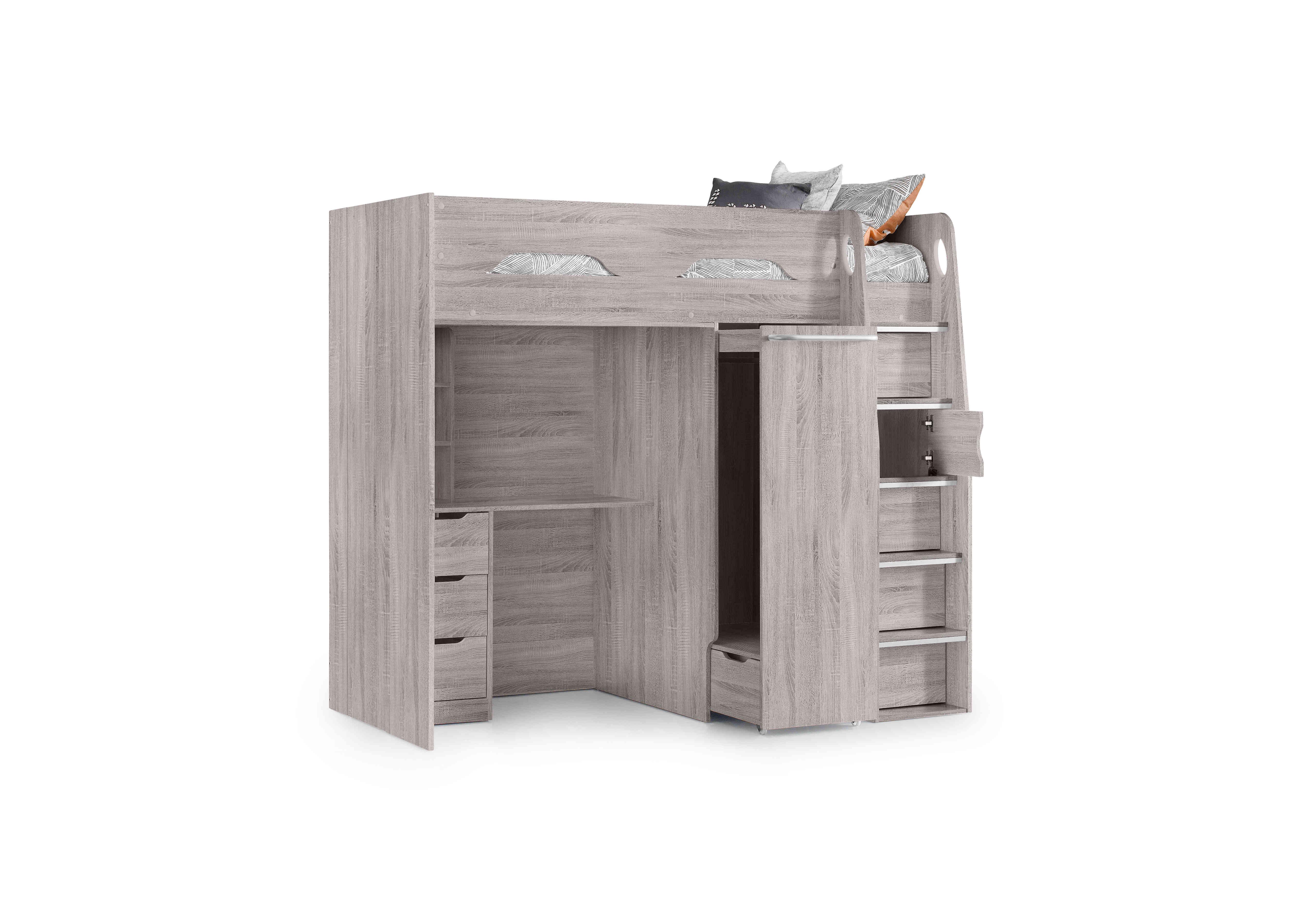 Bjorn High Sleeper with Desk and Storage in Grey Oak on Furniture Village