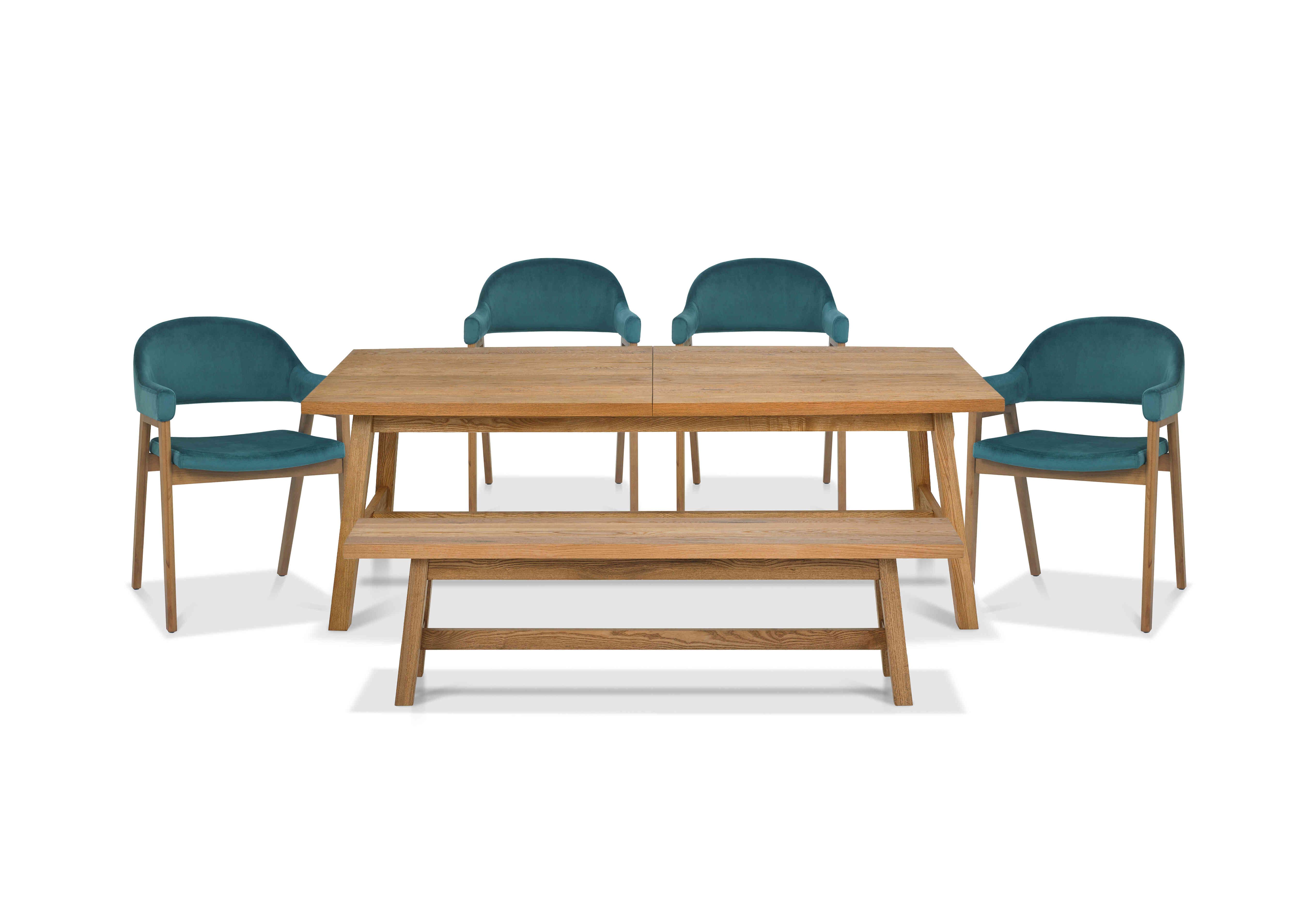 Stratford Large Extending Dining Table with Small Dining Bench and 4 Fabric Dining Arm Chairs in Azure Velvet on Furniture Village